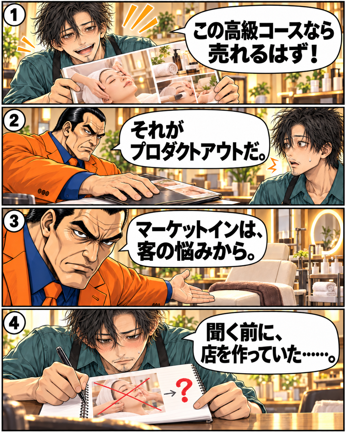 漫画3ページ。落男が高級コースを見せ、坂田がプロダクトアウトと顧客の悩みを起点にする考え方を対比する