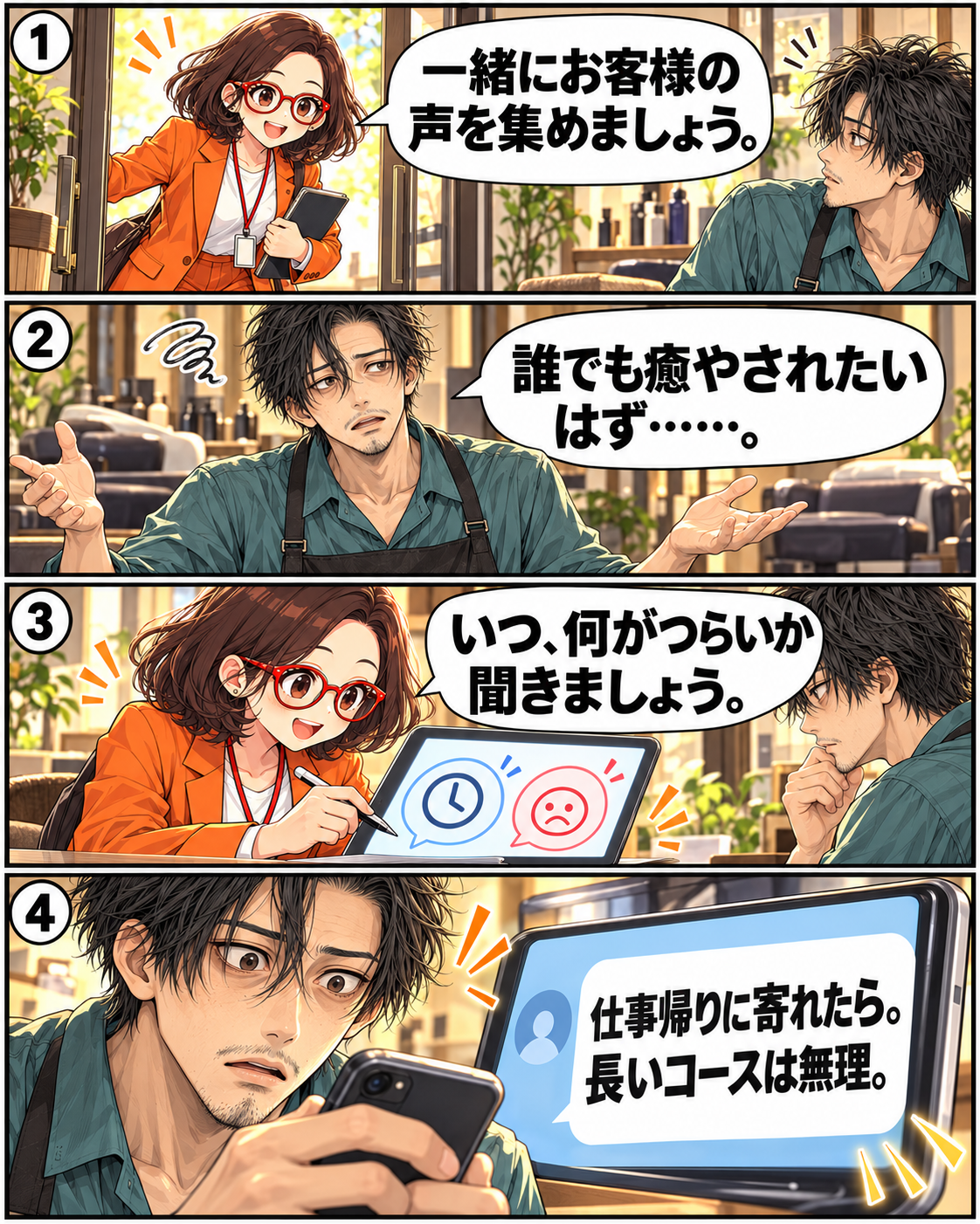 漫画4ページ。菊理はちこが落男と顧客の困りごとを整理し、仕事帰りの短い利用を望む声を読む