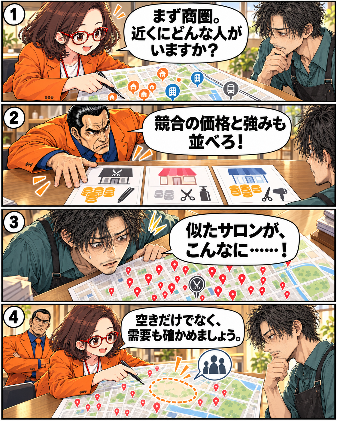 漫画5ページ。はちこが商圏地図を広げ、坂田が競合の価格と強みを比較し、落男が近隣店の多さに気づく