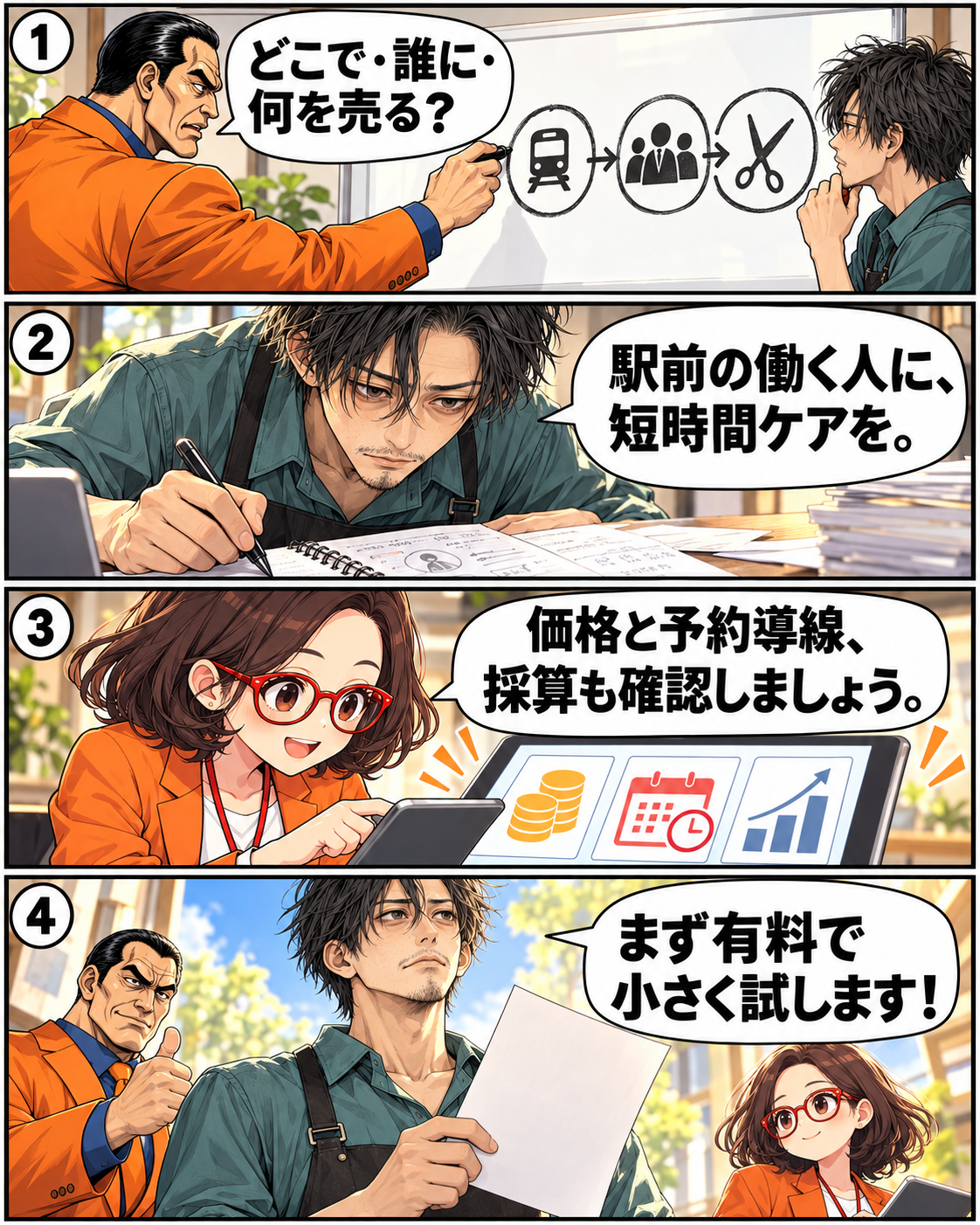 漫画7ページ。坂田が誰に何を売るかを問い、落男とはちこが短時間ケアの価格、予約導線、採算を整理する