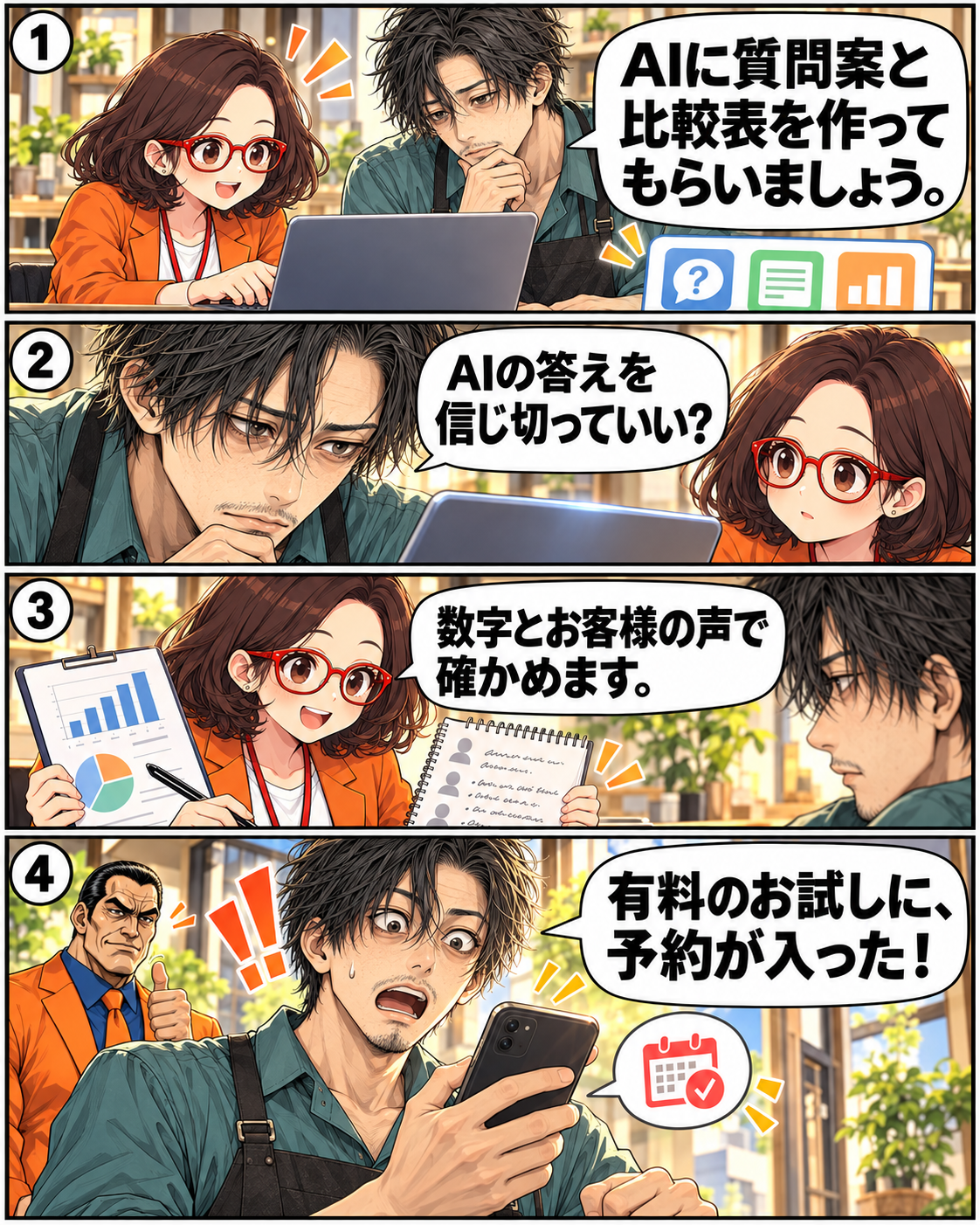 漫画8ページ。はちこがAIで質問案と比較表を作り、落男が実際の数字と顧客の声で確かめ、有料お試しの予約を受ける