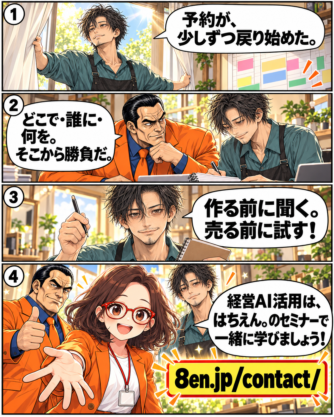 漫画9ページ。落男の予約が少しずつ戻り、坂田が顧客起点の考え方を示し、はちこが読者を学びへ誘う