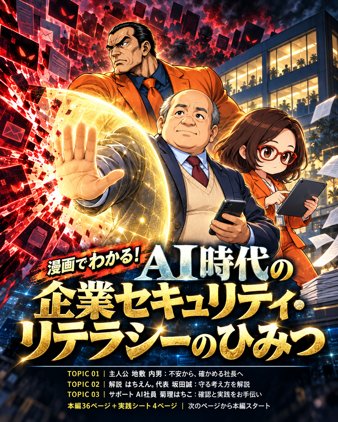 映画風の表紙。社長・地敷 内男を、はちえん。代表 坂田誠とAI社員 菊理はちこが支え、光の盾の向こうに会社を描く。人物の名前と紹介は下部の小さなTOPICに掲載。