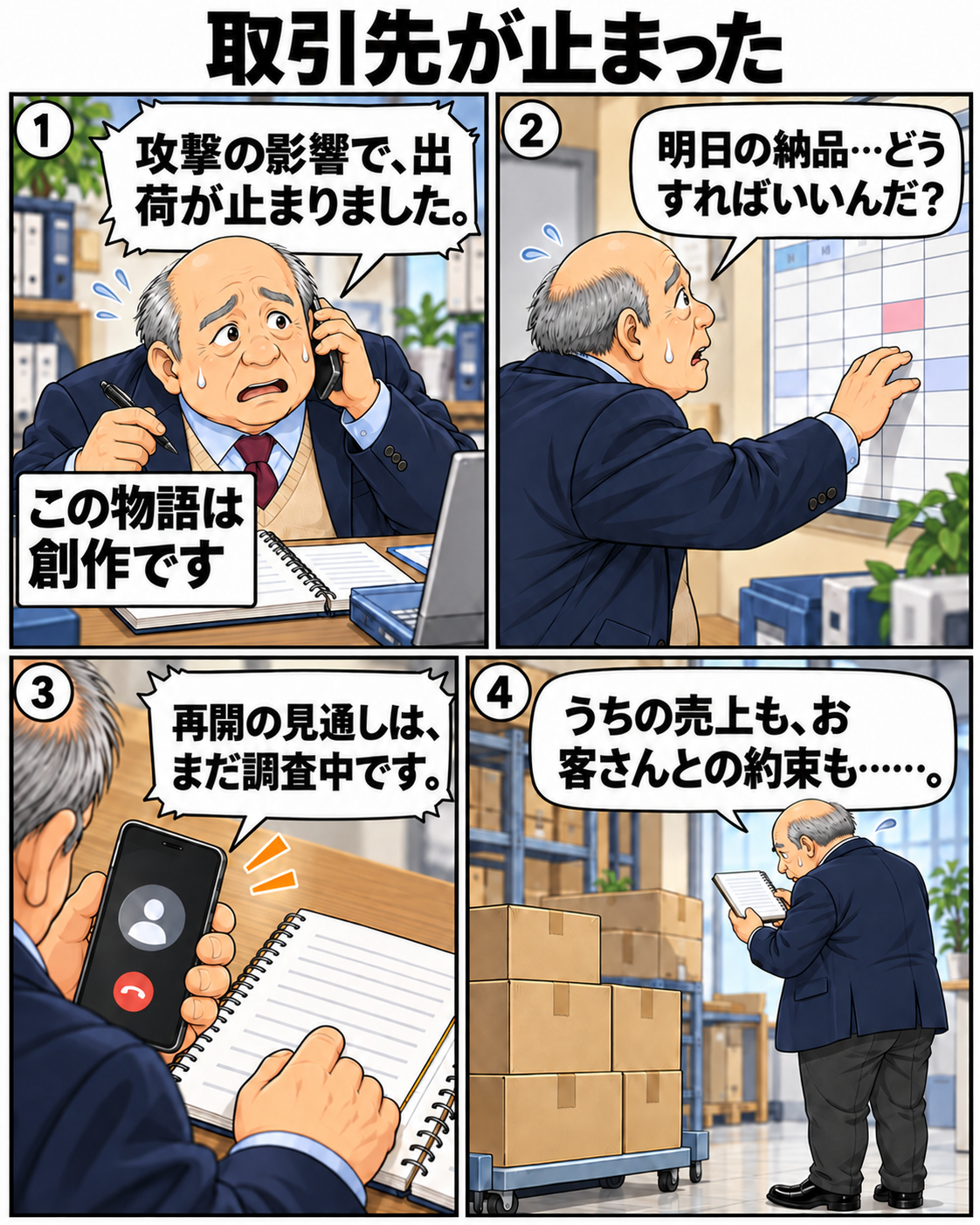 取引先から出荷停止の電話を受けて慌てる地敷内男社長。取引先のサイバー被害も自社の納期と事業継続に影響する場面。