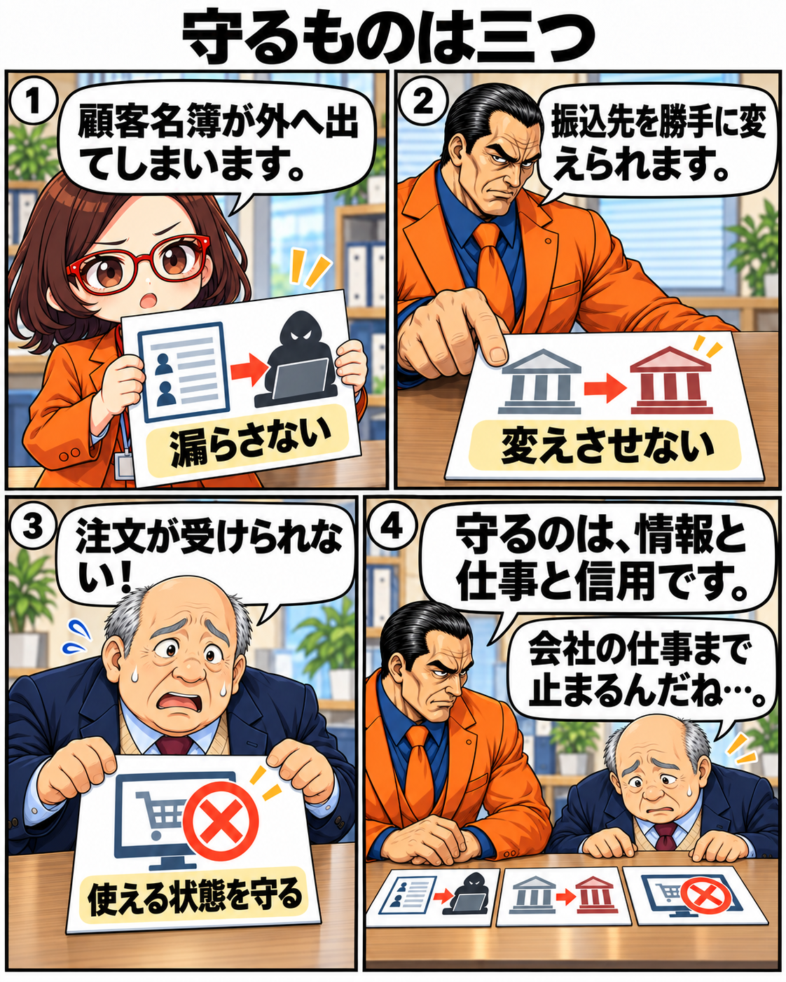 顧客名簿の流出、振込先の改ざん、注文情報の利用停止をカードで学ぶ内男社長。情報を守る三つの視点を示す。