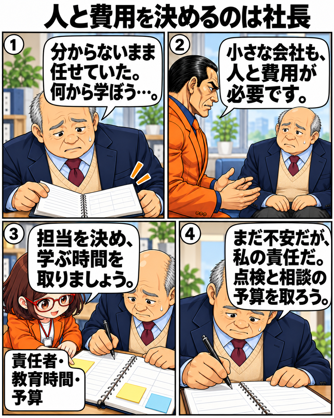知識不足に不安を抱く内男社長が、坂田誠と菊理はちこの説明を受け、責任者、人、教育時間、予算を決めようとする場面。