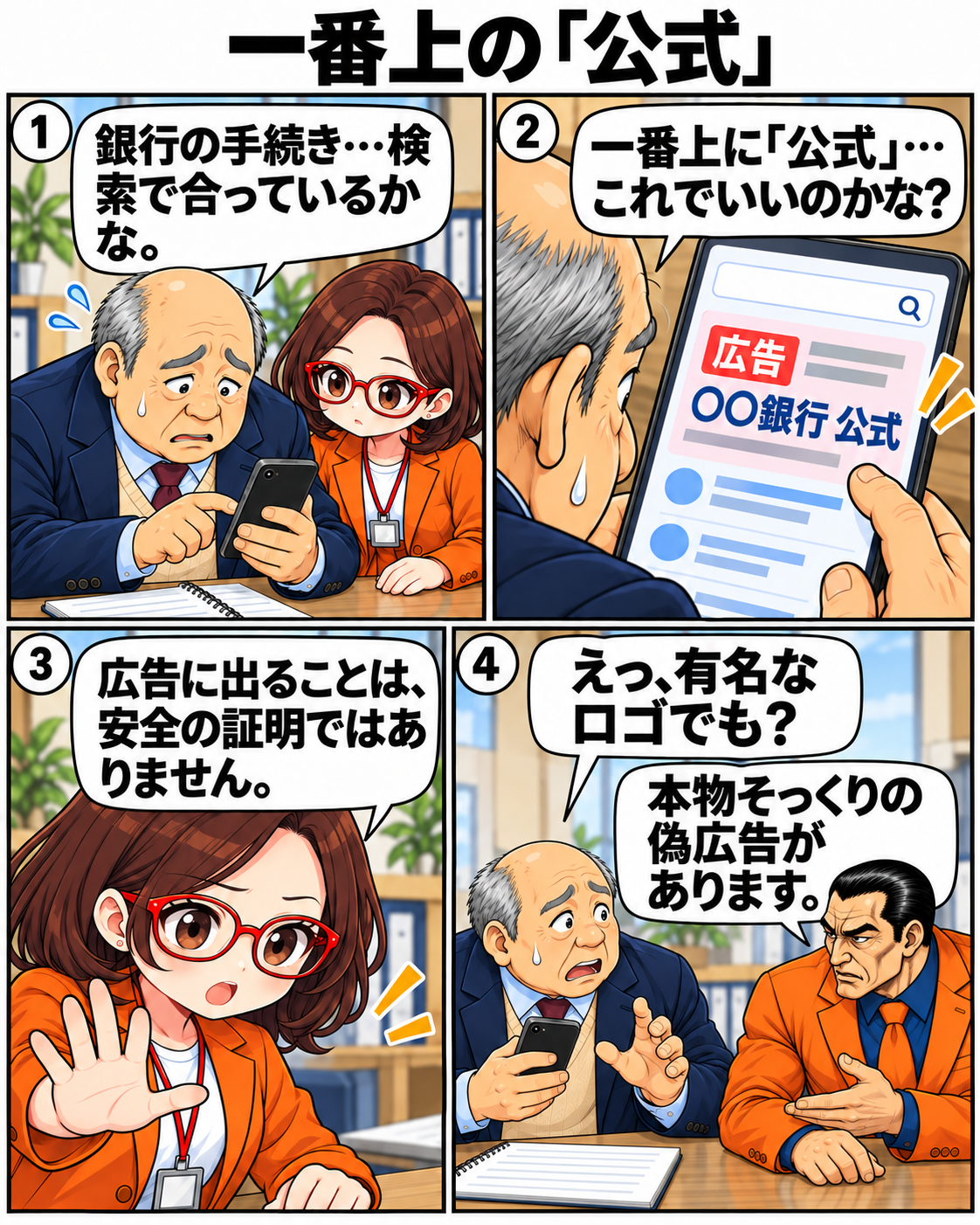 銀行を検索した内男社長が、公式のように見える広告を押そうとして菊理はちこに止められる。広告掲載は本物の証明にならない。