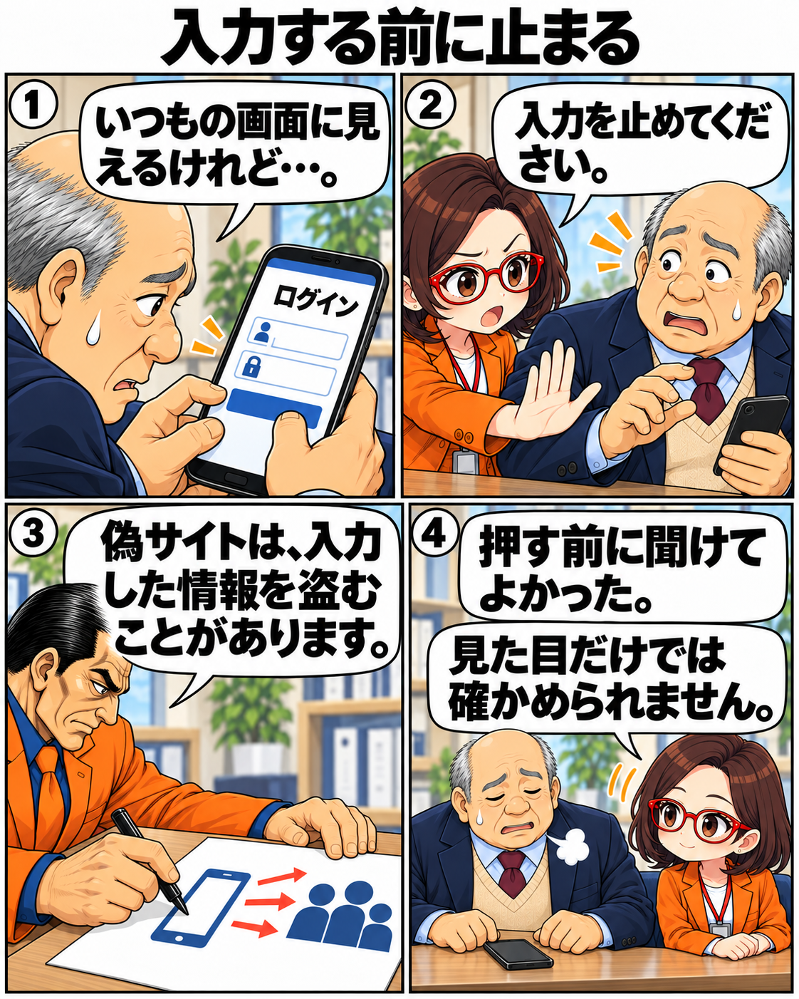 本物そっくりのログイン画面に入力しかけた内男社長を菊理はちこが制止する。入力前に確認し、偽サイトを閉じる場面。