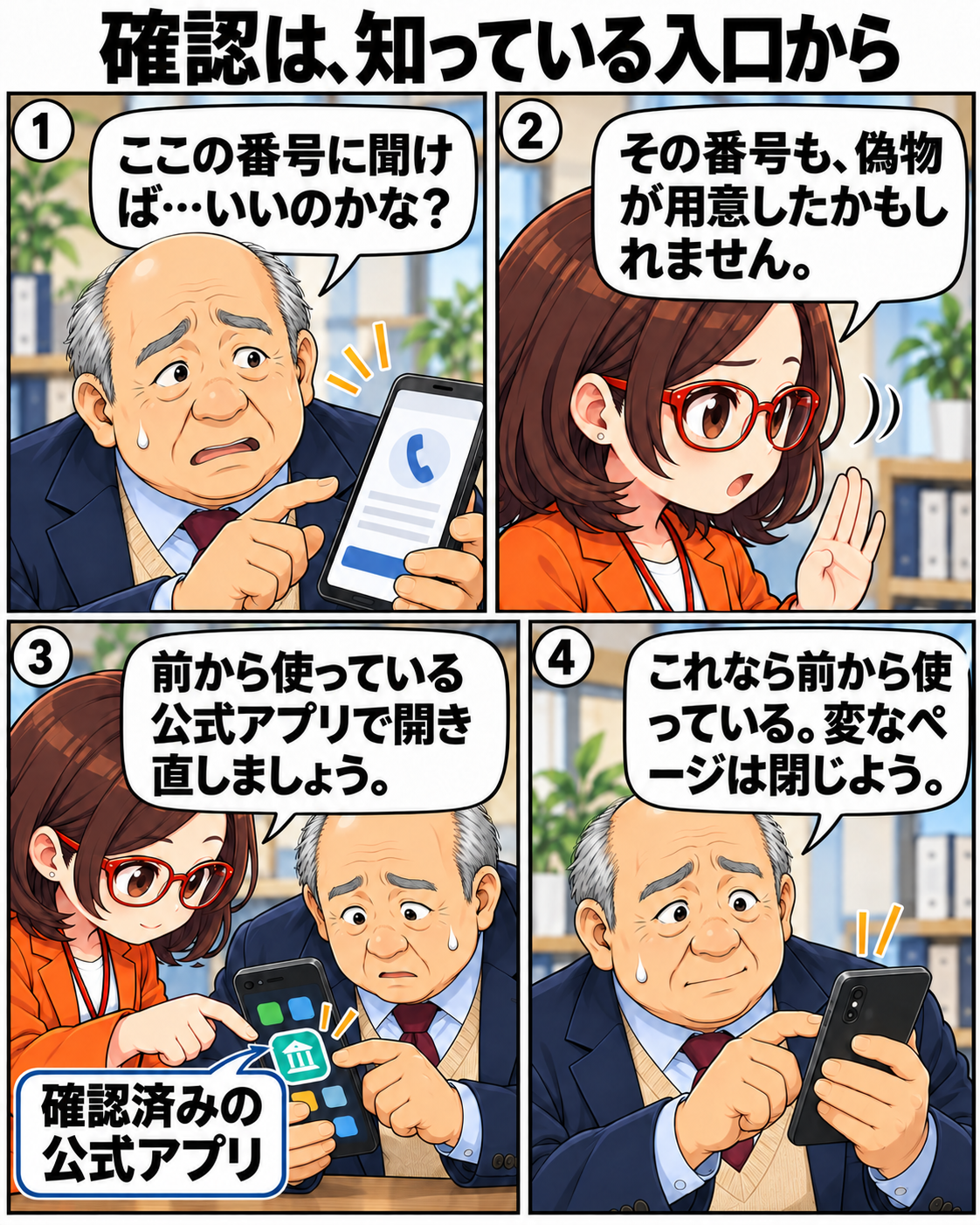 偽ページの問い合わせ先に頼らず、確認済みの公式アプリから入り直すことを学ぶ内男社長。確認の入口を切り替える場面。