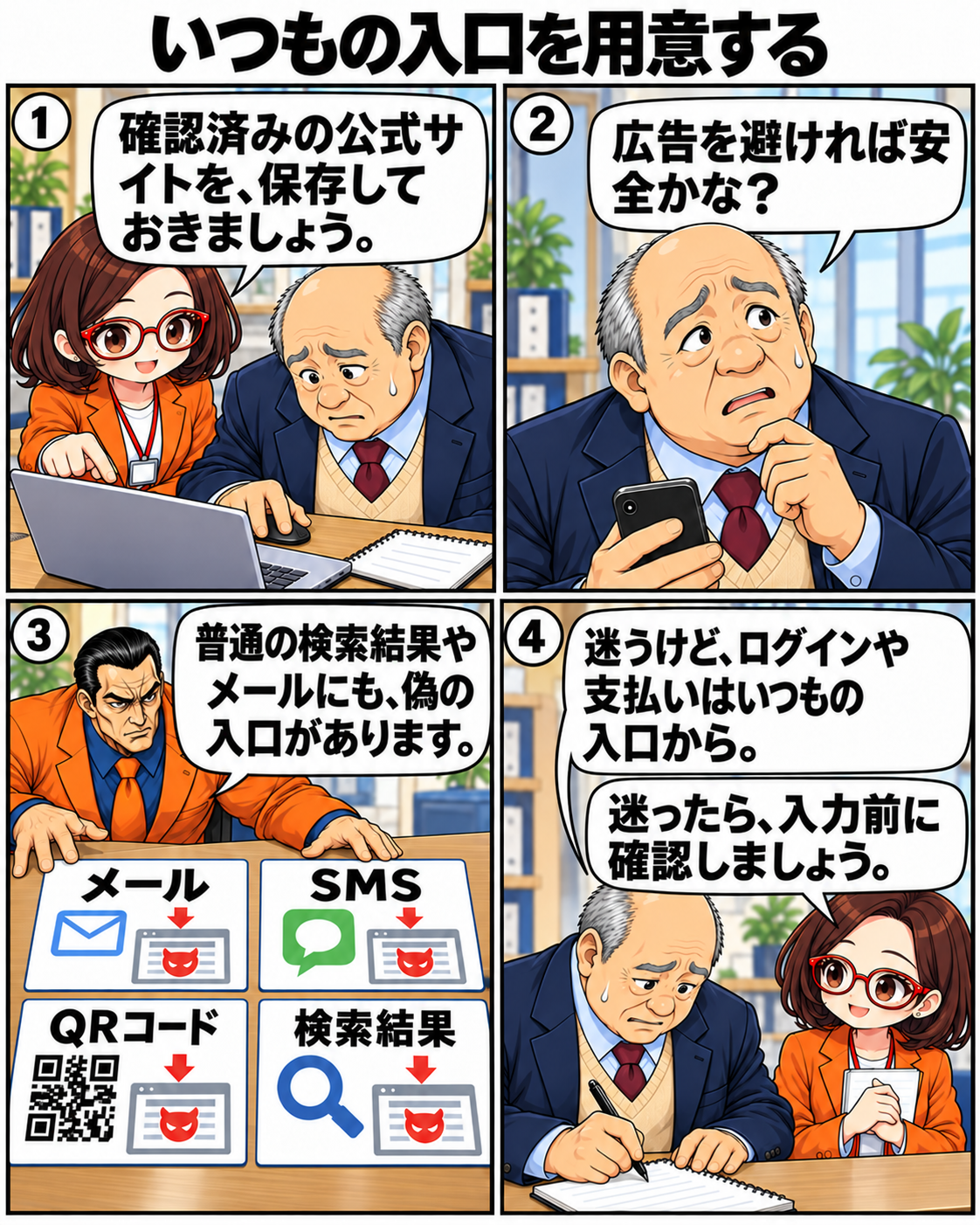 ブックマークを用意する内男社長に、坂田誠がメール、SMS、QRコードにも偽サイトへの入口があると説明する場面。