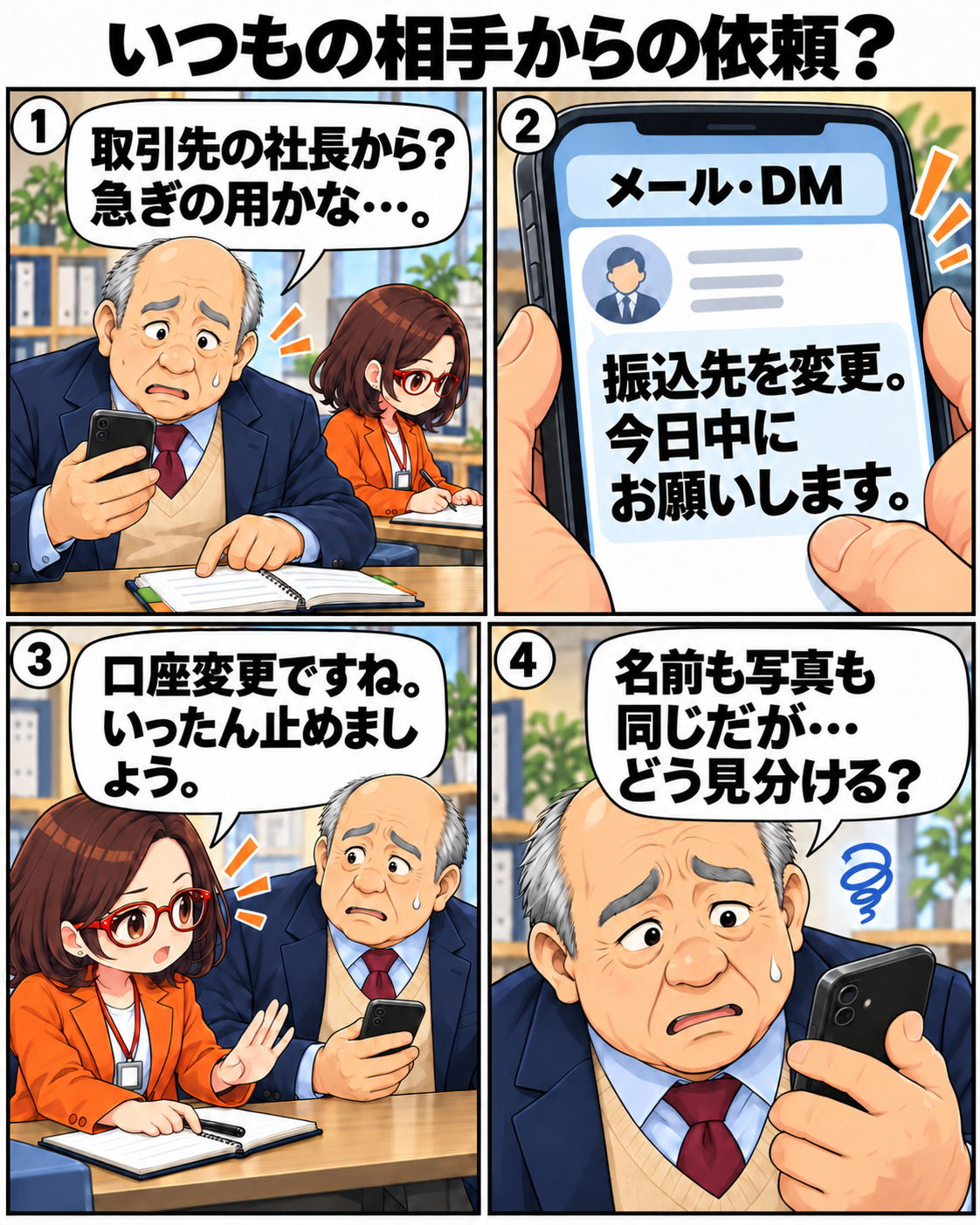 取引先の名前と写真を使った急な振込先変更依頼に戸惑う内男社長。菊理はちこが操作を止め、本人確認の必要性を伝える。