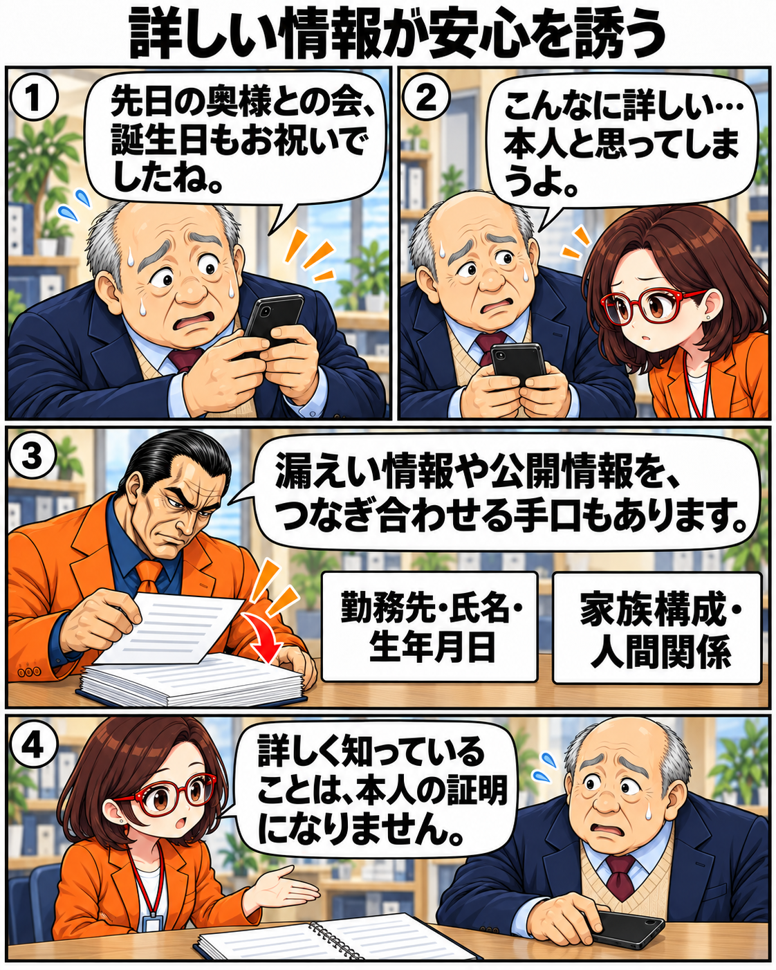 家族の話題や誕生日を知るメッセージに安心しかける内男社長。勤務先や人間関係などの既知情報は本人確認にならないと学ぶ。