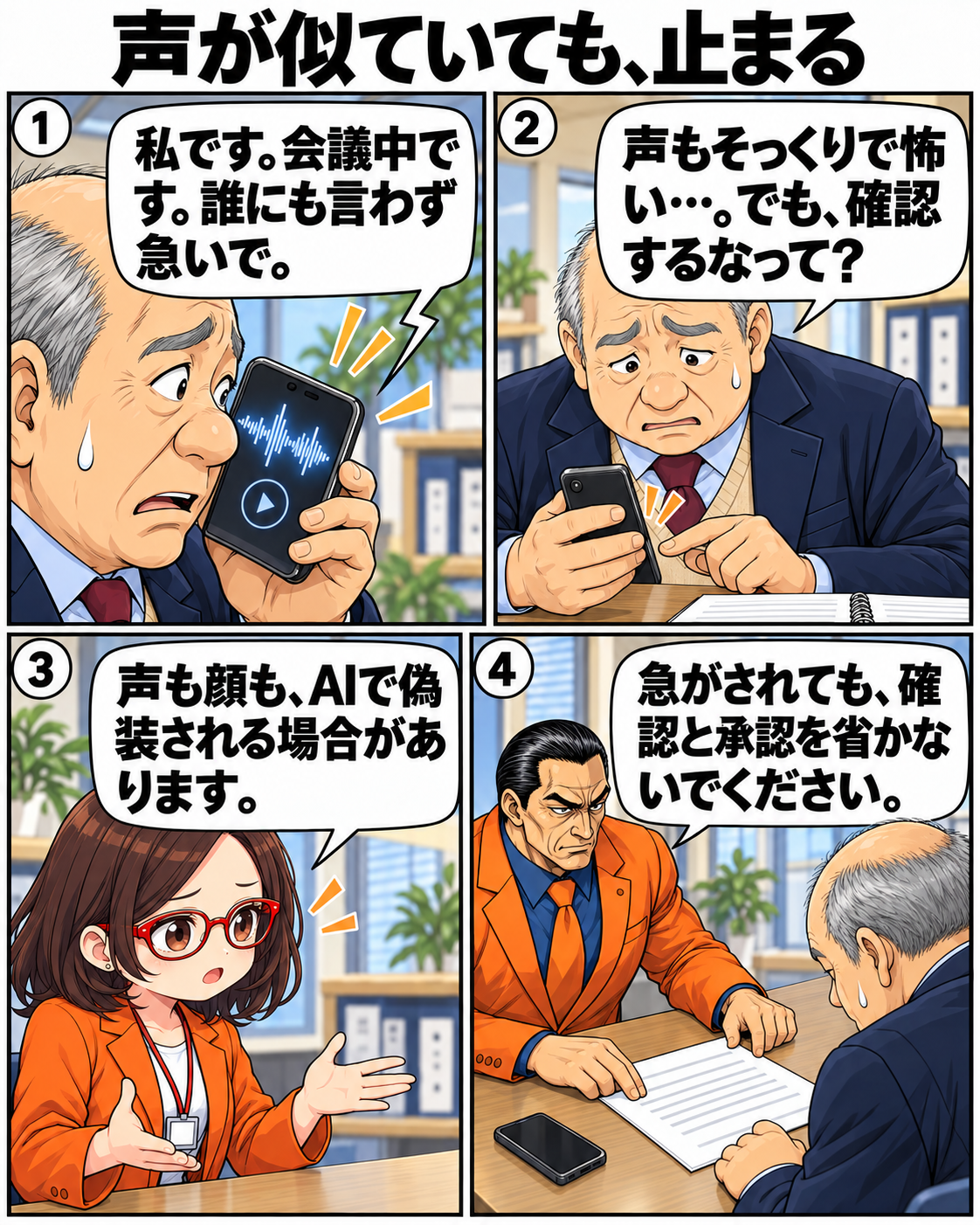 本人そっくりの声と秘密を求める依頼に動揺する内男社長。坂田誠と菊理はちこが音声や映像だけに頼らず確認するよう説明する。