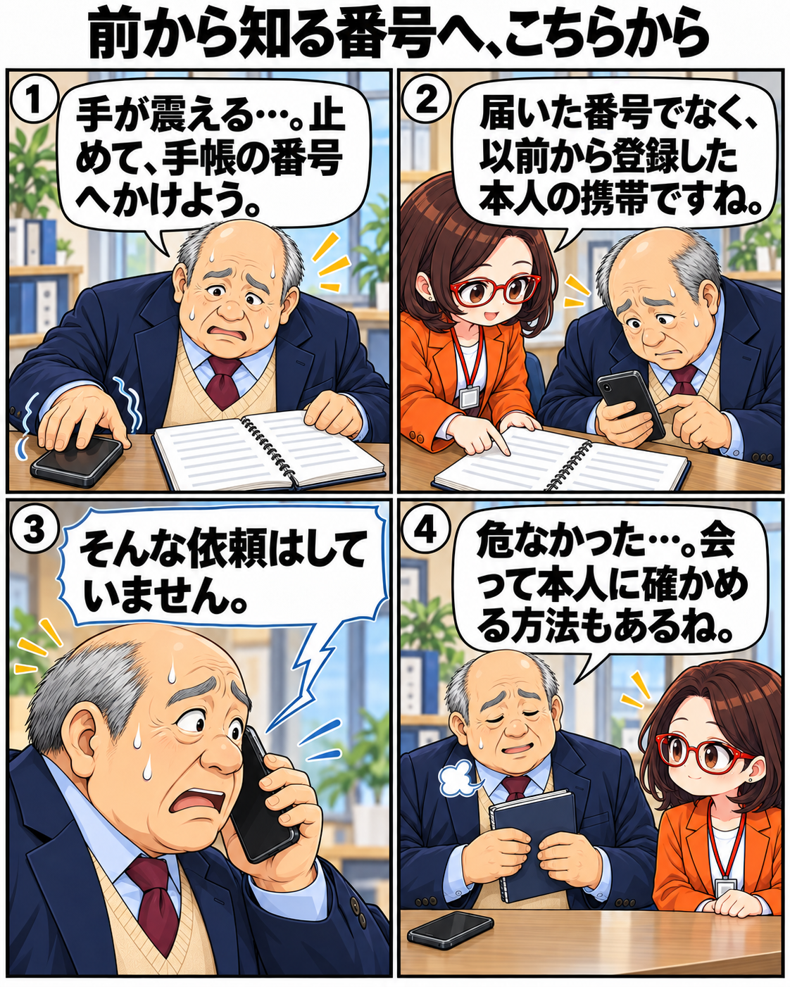 震える手を止めた内男社長が、以前から登録した本人の携帯番号に自分でかけ直し、送金依頼が偽物だと分かる場面。