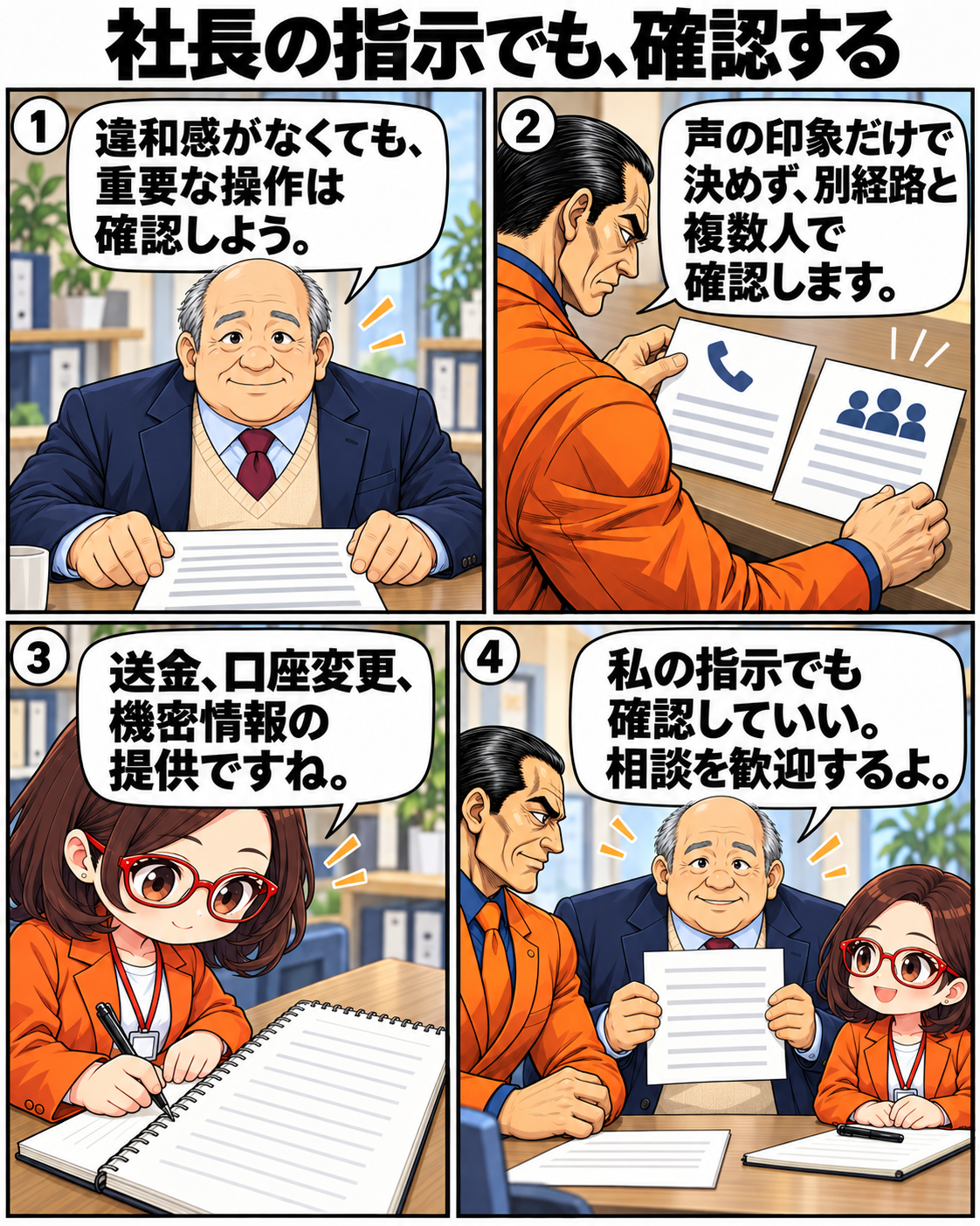 落ち着きを得た内男社長が、違和感がなくても重要操作を確認し、自分の指示への確認も歓迎すると坂田誠と菊理はちこに伝える。