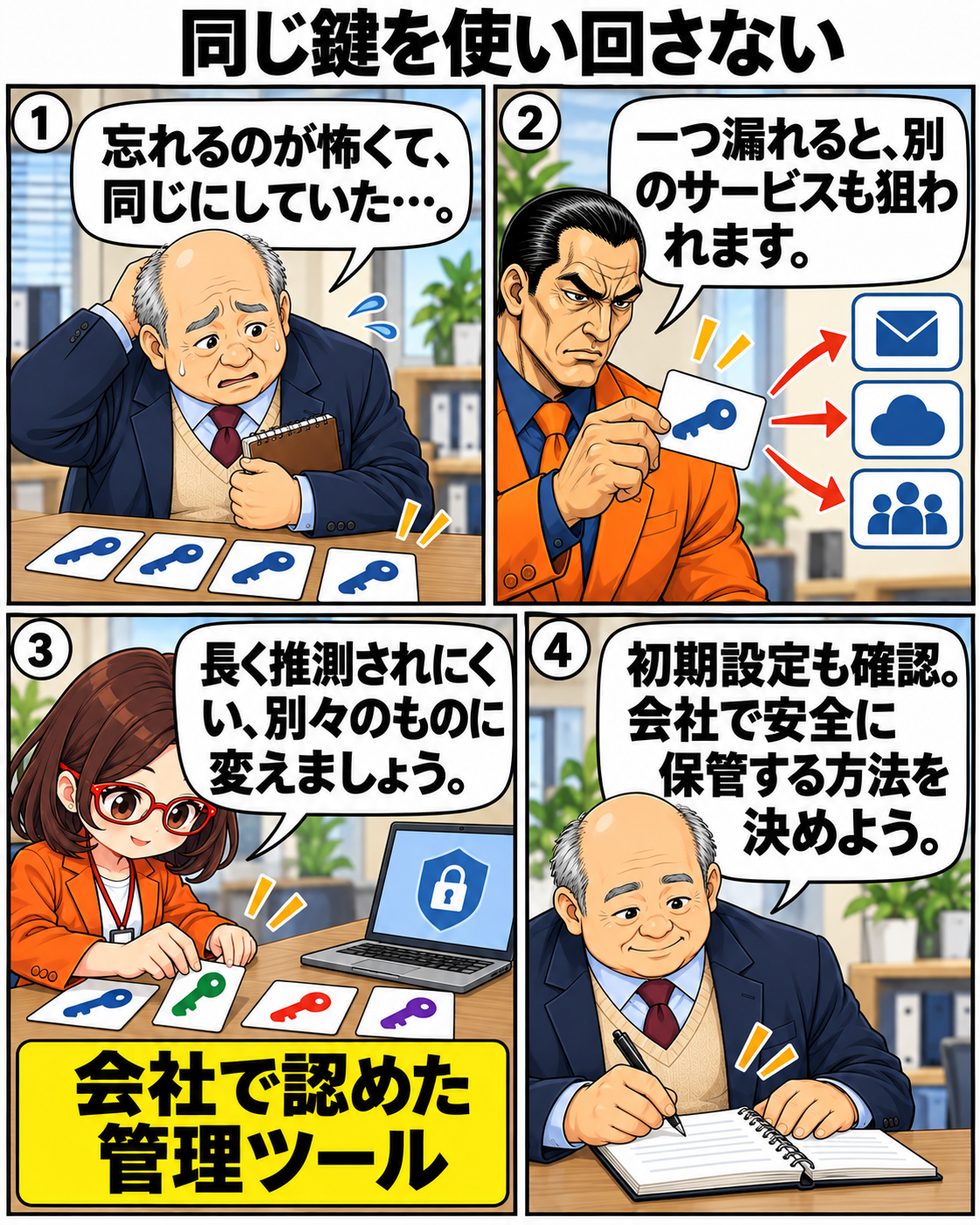 忘れる不安から同じ鍵を使っていた内男社長が、サービス別の強いパスワードと会社で認めた安全な保管方法を学ぶ場面。