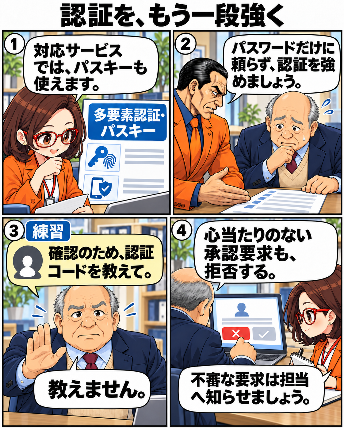 多要素認証とパスキーを学んだ内男社長が、練習で認証コードの要求を断り、心当たりのない承認を拒否する場面。