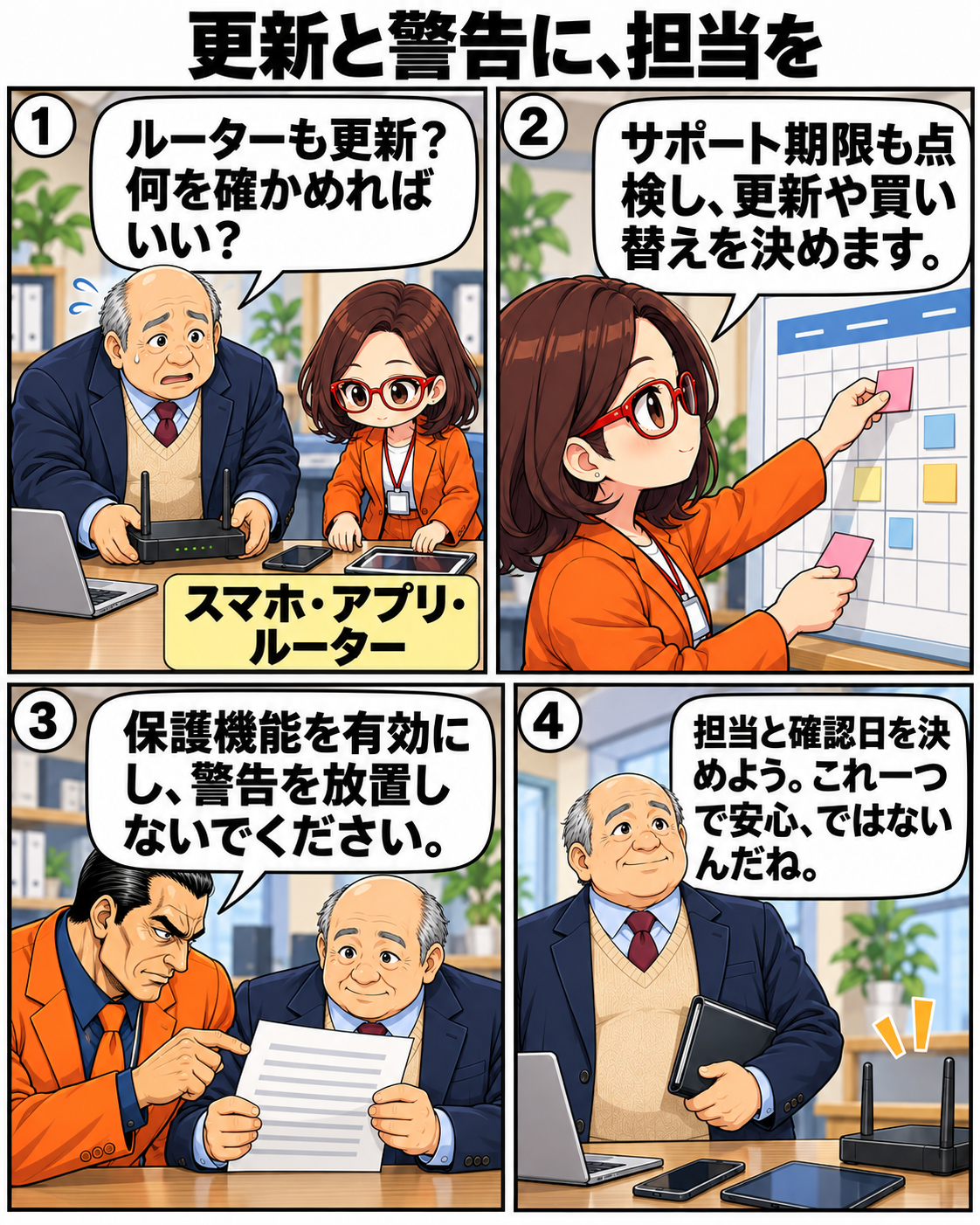ルーターやスマートフォンも更新対象だと知る内男社長。菊理はちこと坂田誠がサポート期限、保護機能、担当日程を説明する。