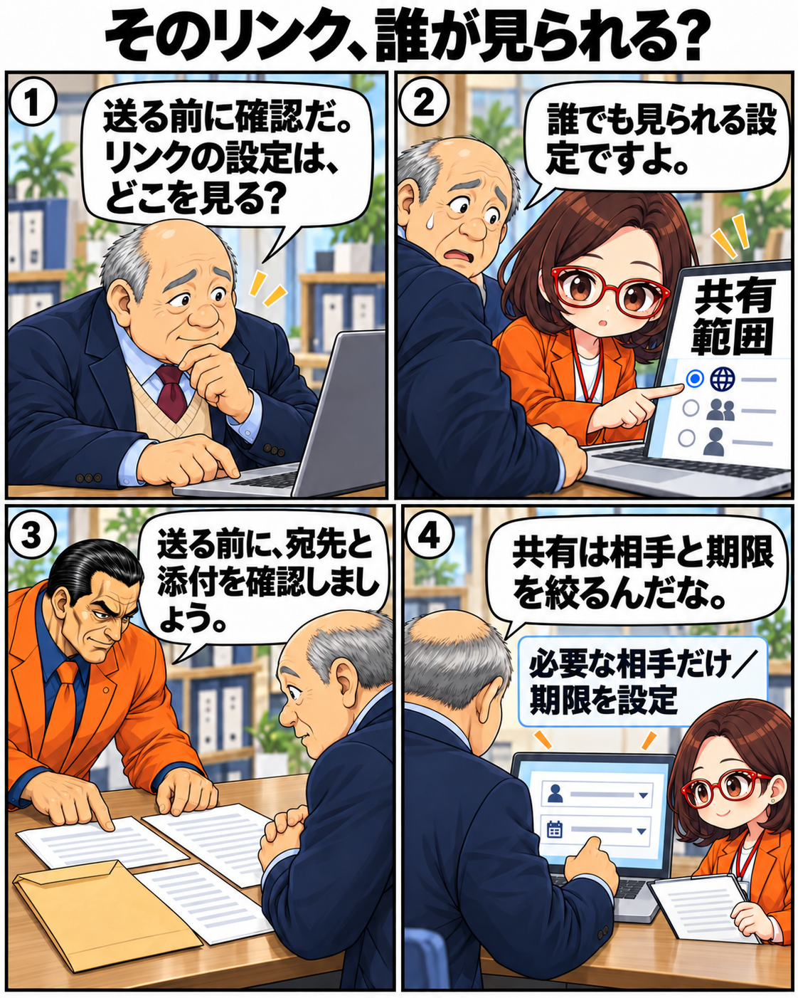 送信前に共有リンクの設定を確かめる内男社長。誰でも見られる設定を避け、宛先、添付、共有相手と期限を絞ることを学ぶ。