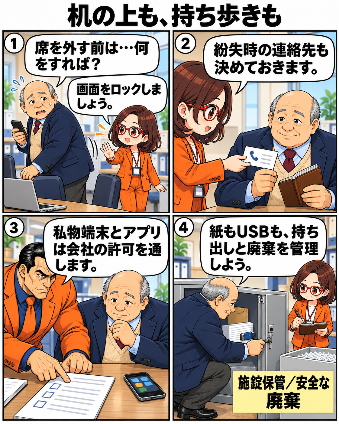 内男社長が画面ロック、紛失時の連絡、私物端末の許可、書類とUSBの施錠保管を確認する場面