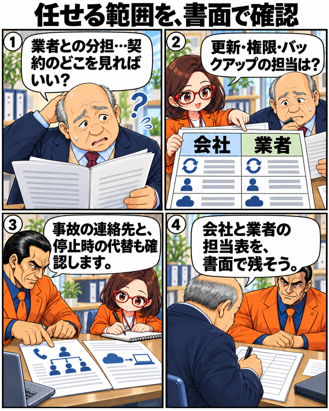 内男社長とはちこが会社と業者の役割分担表を作り、坂田誠が停止時の連絡方法を助言する場面