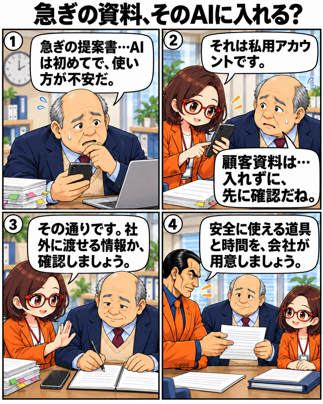 締切に焦る内男社長が個人用AIへの顧客資料の入力を止め、はちこに確認する場面