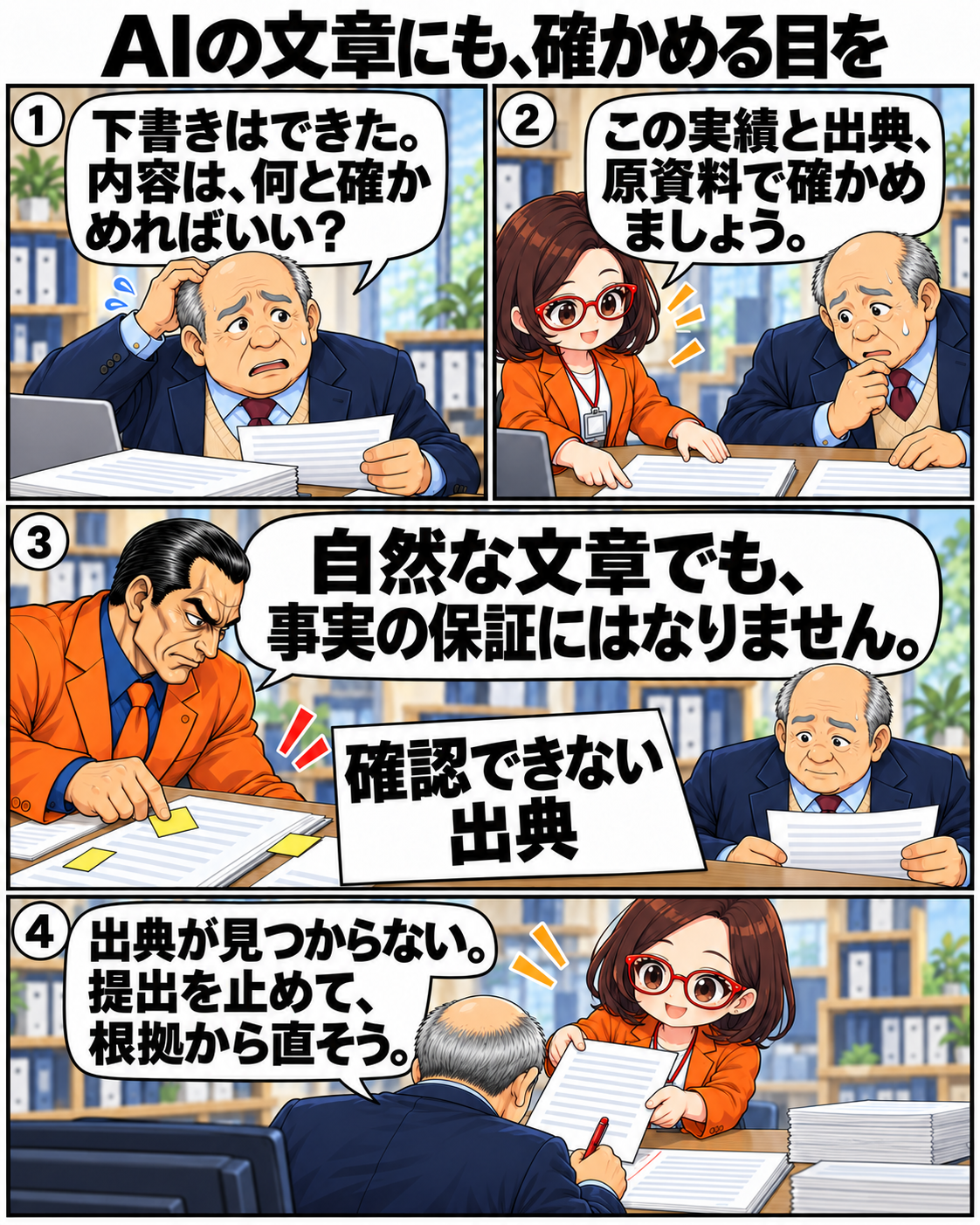 はちこと内男社長がAIの下書きにある実績と出典を原資料で確認し、提出前に修正する場面