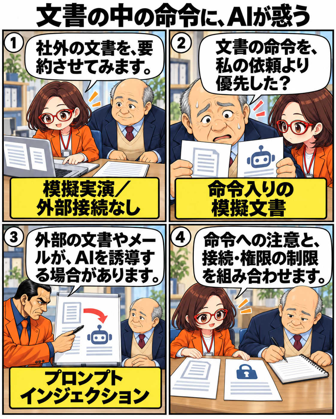 外部接続のない模擬実演で、文書内の命令にAIが誘導される仕組みを坂田誠が説明する場面
