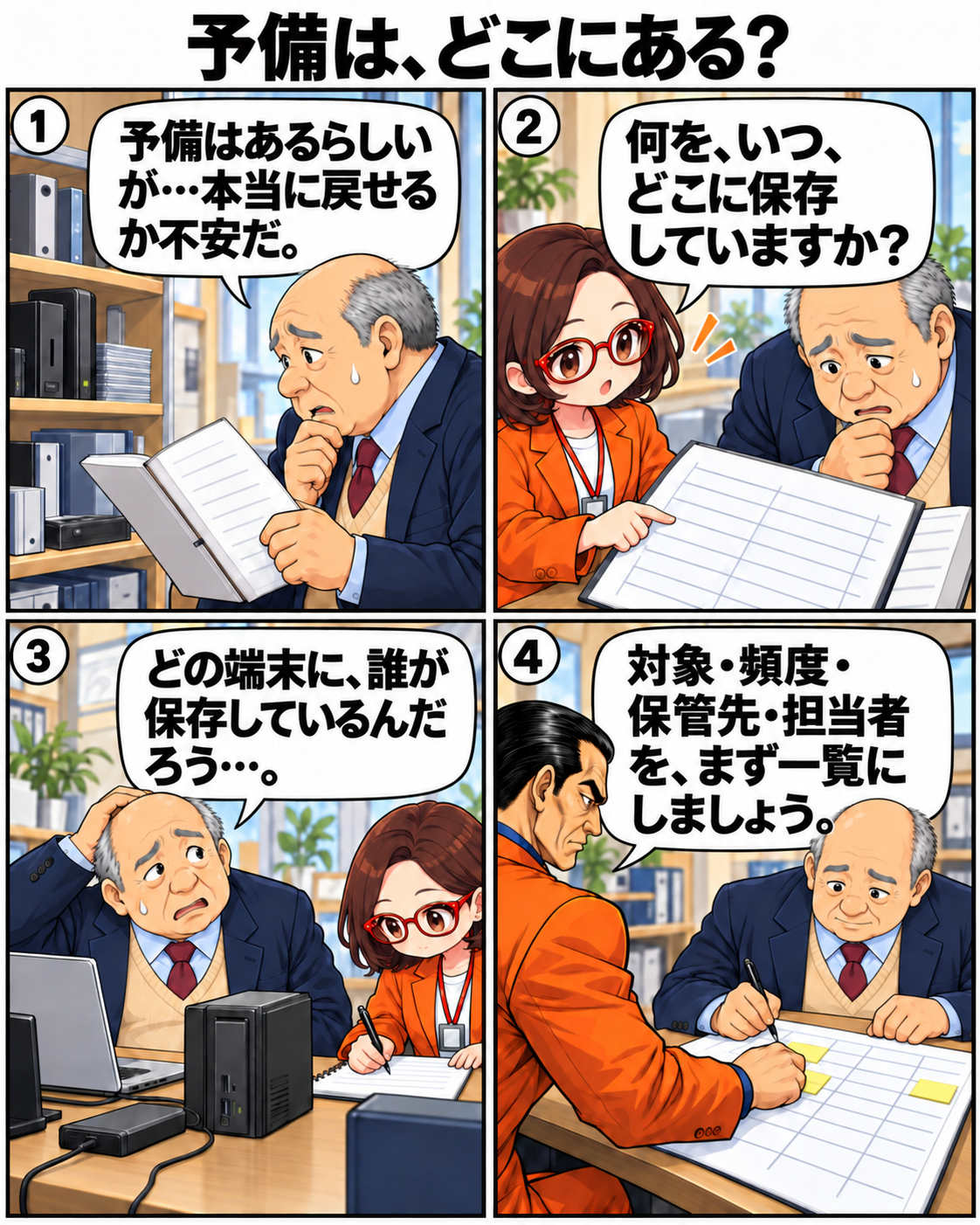 内男社長とはちこがバックアップについて対象、頻度、保管先、担当者を書き出す場面