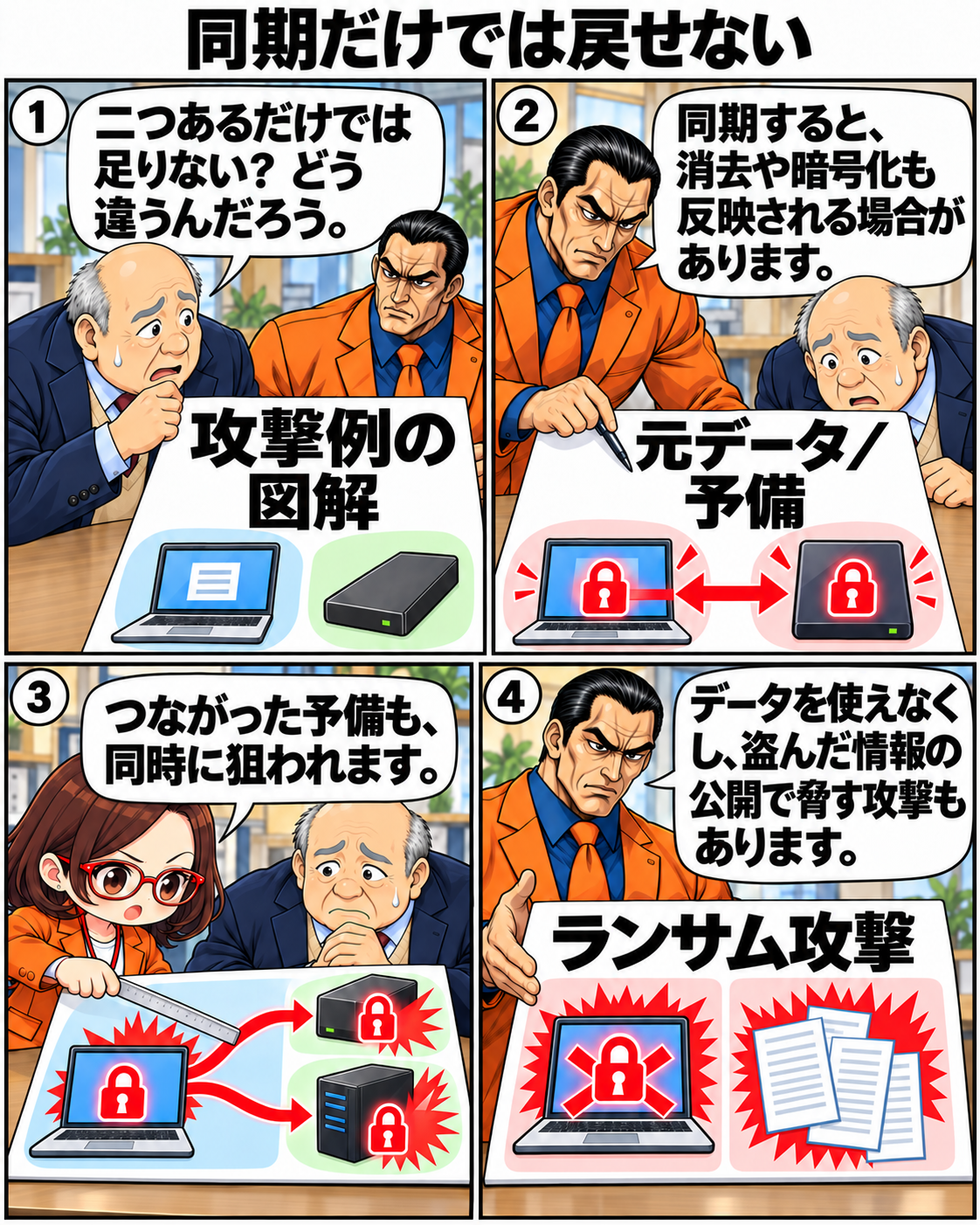 元データと予備の両方が攻撃される図を使い、同期とランサム攻撃への備えの違いを学ぶ場面