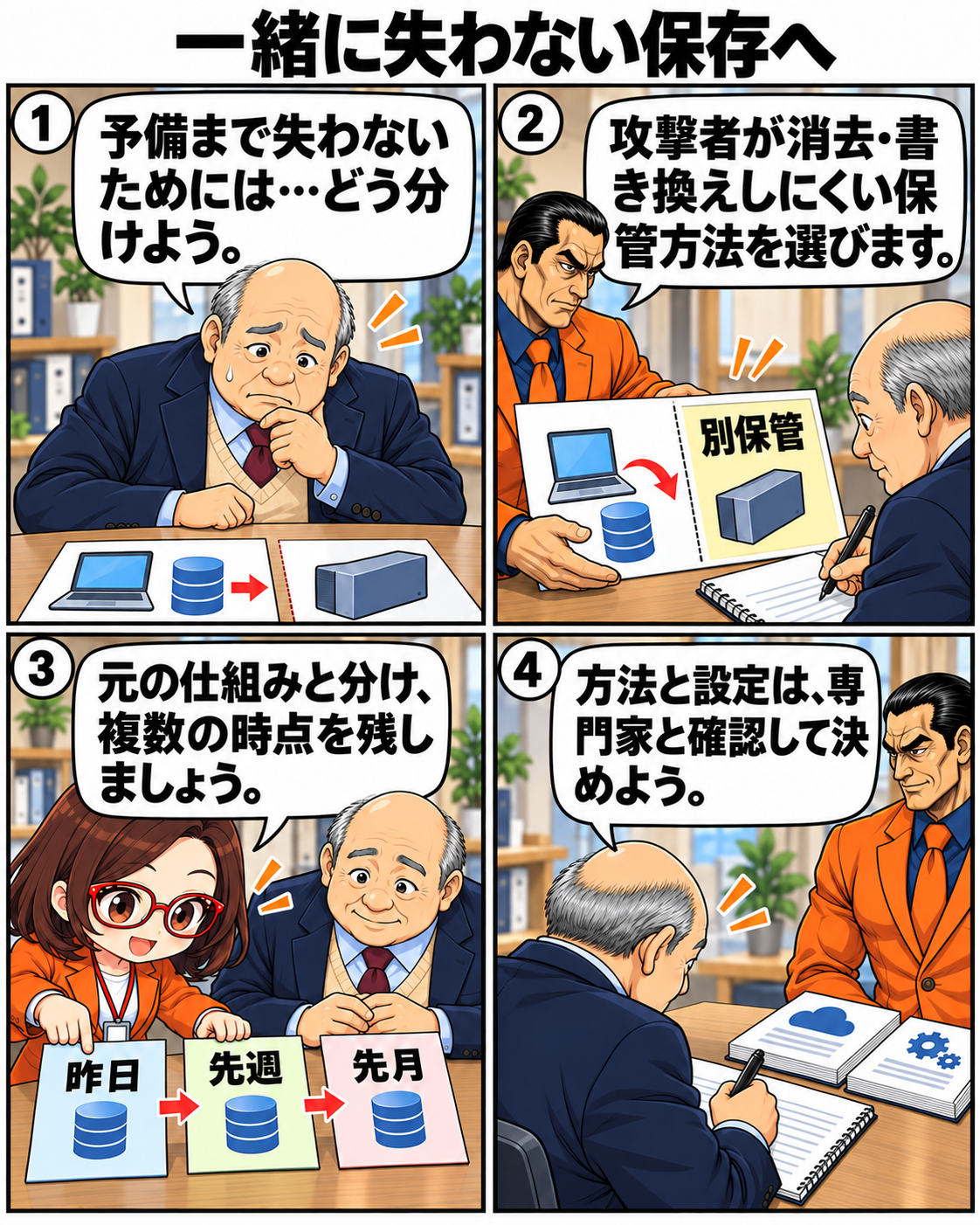 昨日、先週、先月の複数時点のバックアップと別保管を使い、一緒に失わない方法を検討する場面