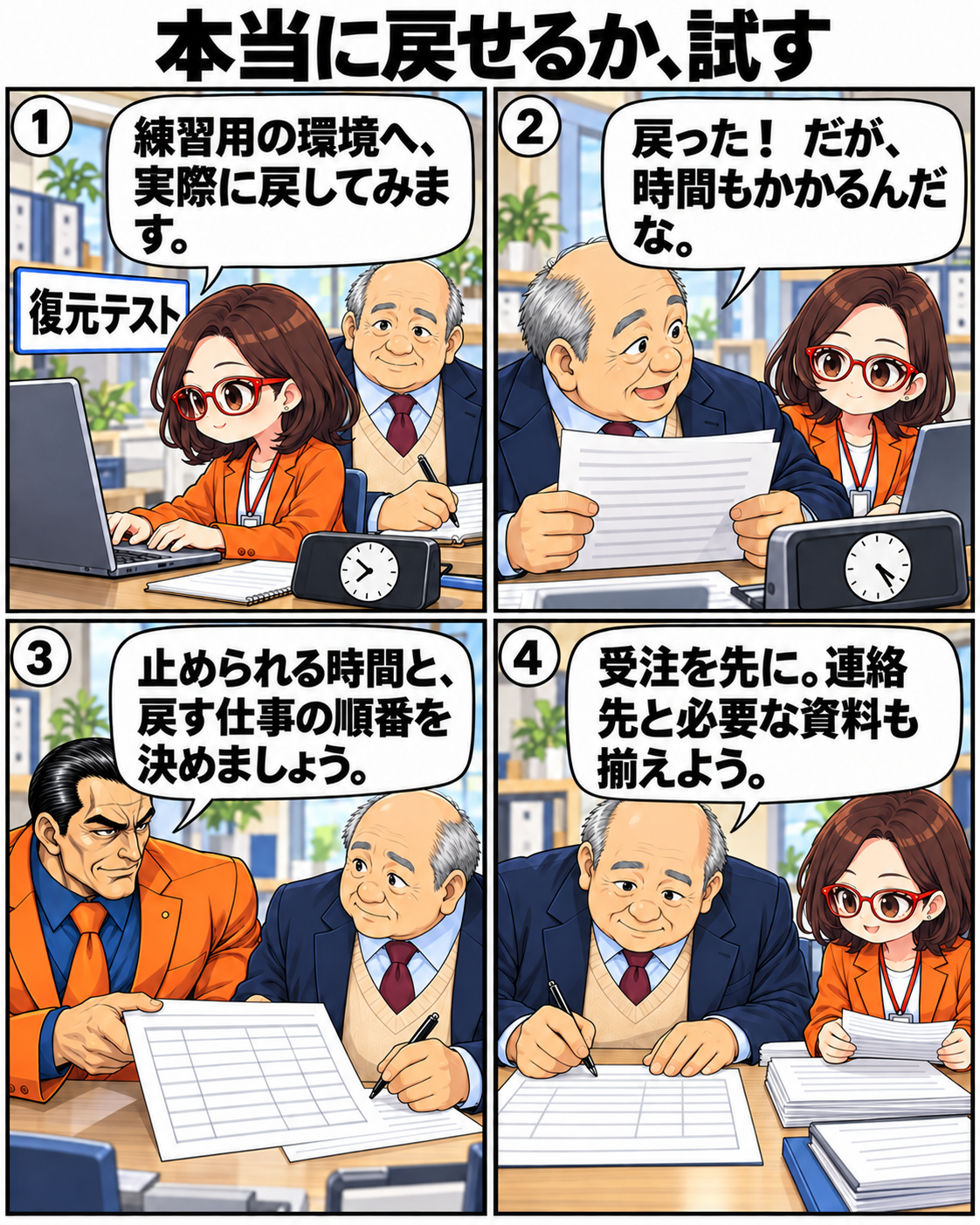 別の環境でデータの復元を試し、内男社長が所要時間と受注業務を優先する順序を記録する場面