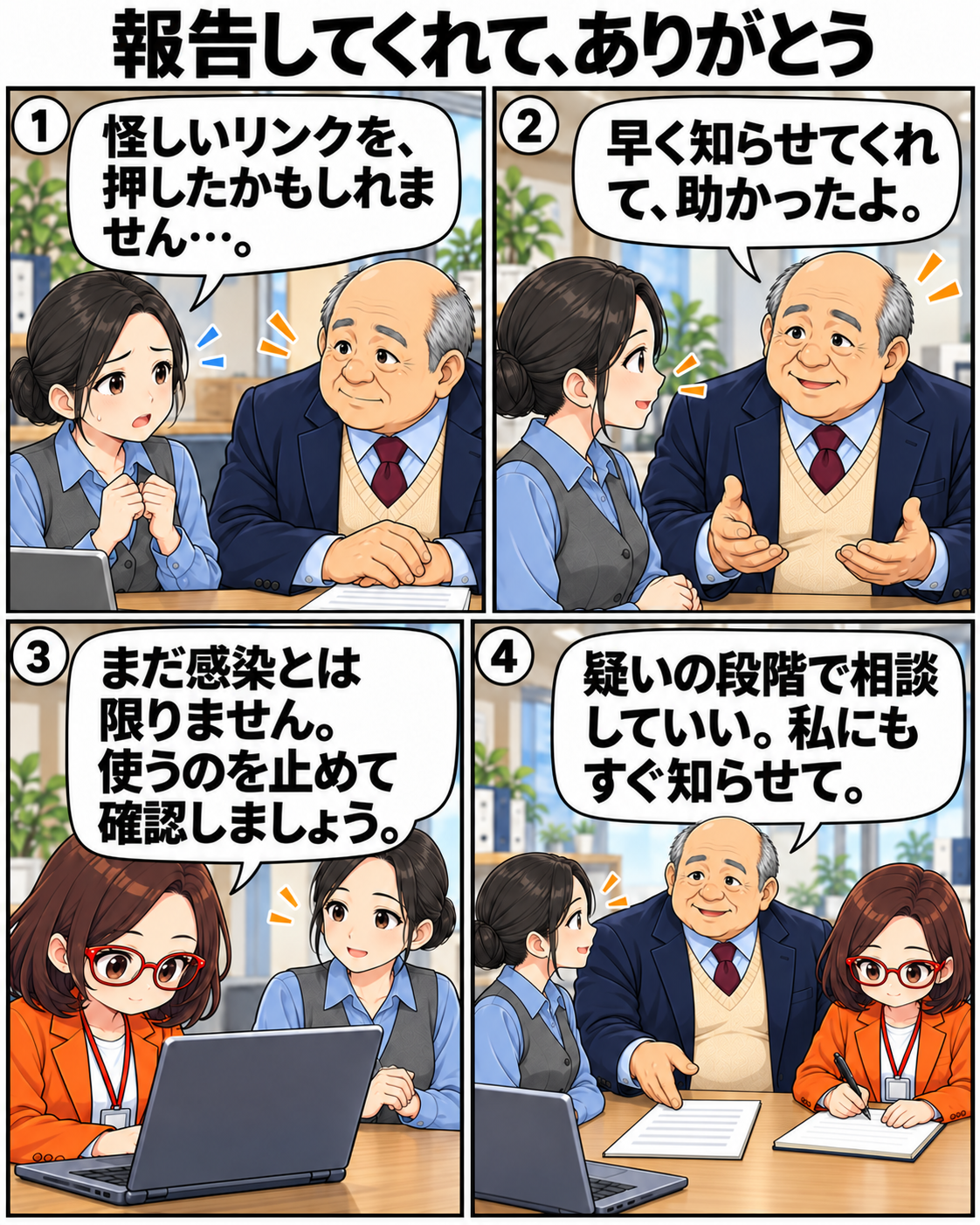 不審なリンクを押した可能性を報告する社員に、内男社長が早い報告を感謝して状況を確かめる場面