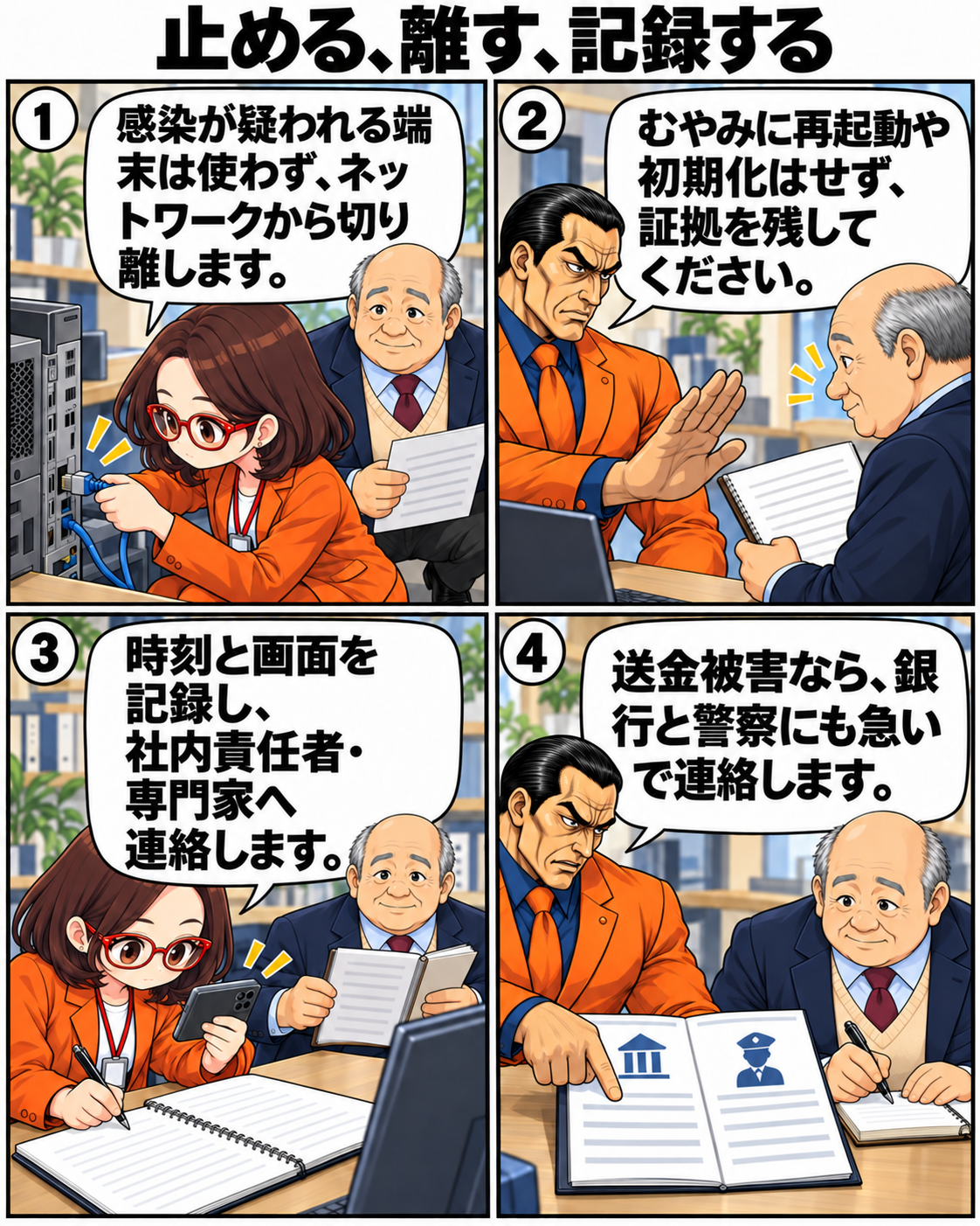 はちこがLANケーブルを抜き、勝手な再起動や初期化を避けて記録と専門家への相談を進める場面