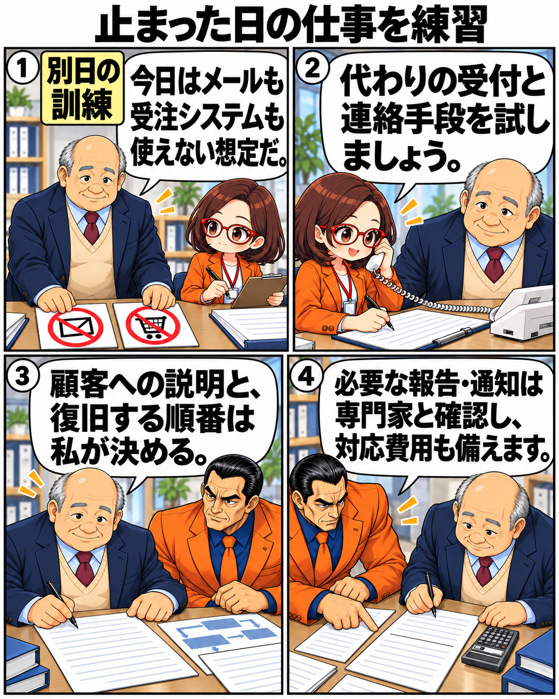 別日の停止訓練で、はちこと内男社長が電話と紙の受付、顧客説明、復旧順序、必要な報告を確認する場面