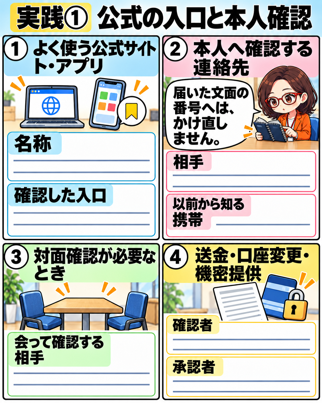 公式サイトとアプリ、既知の携帯番号、対面確認の条件、送金や口座変更の確認者と承認者を記入する実践シート