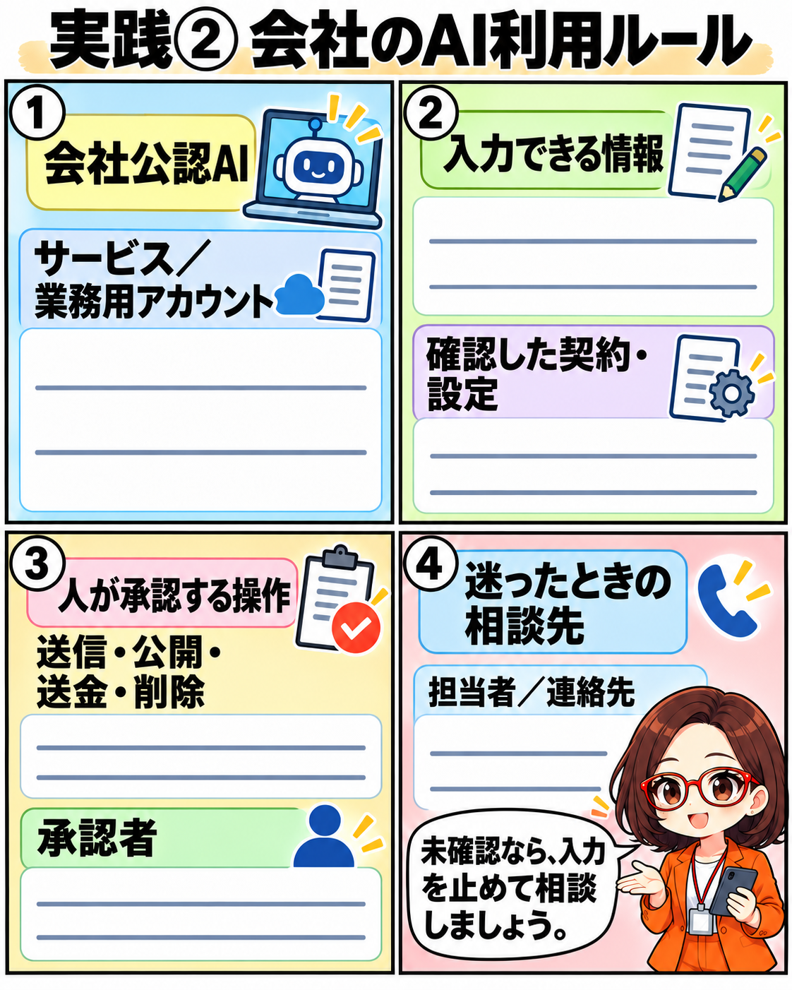 公認AI、業務用アカウント、入力範囲、契約と設定、人の承認、相談先を記入するAI利用ルールの実践シート