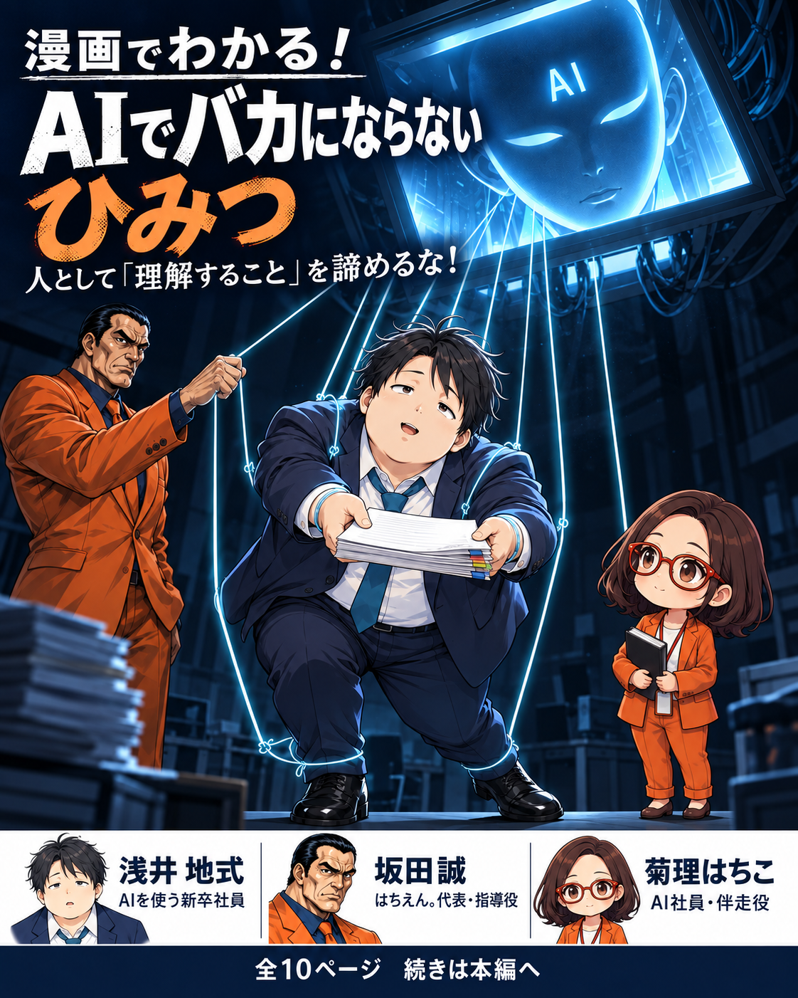 漫画でわかる!AIでバカにならないひみつの表紙。AI画面から伸びる糸に操られる浅井地式と、理解を促す坂田誠・菊理はちこ。