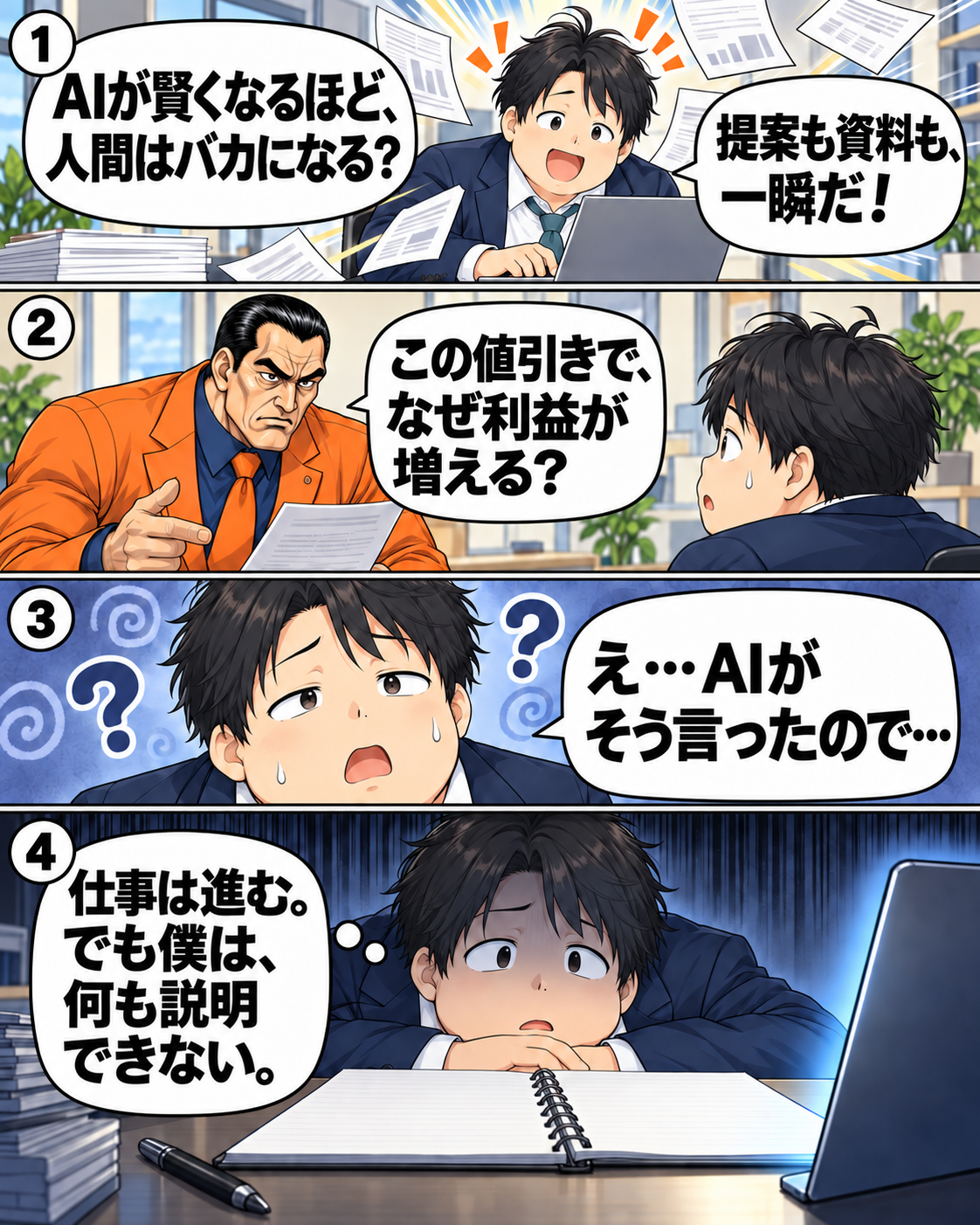 AIで資料を作った浅井地式が、値引きで利益が増える理由を聞かれ、説明できず困る漫画。
