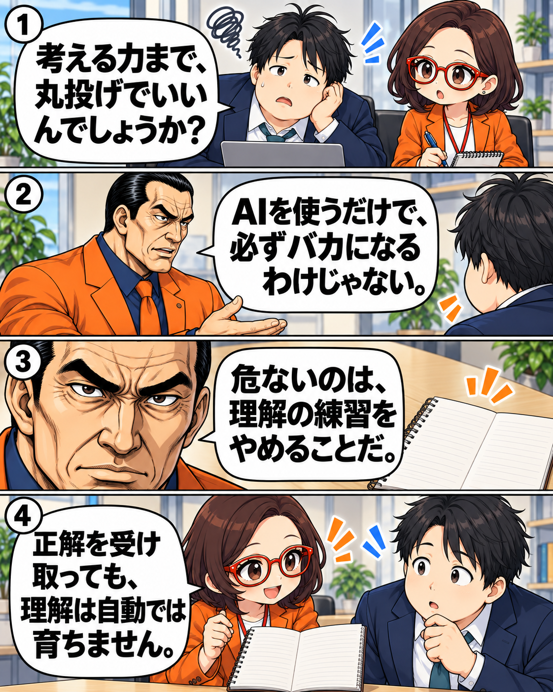 坂田誠が、AI利用そのものではなく理解の練習をやめることが問題だと浅井に説明する漫画。