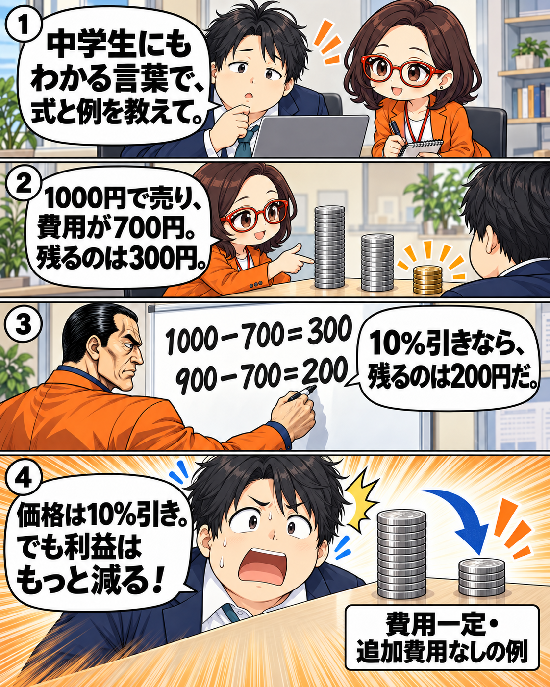 価格1000円、費用700円の商品が10%値引きで900円となり、1個あたりの利益が300円から200円になる図解漫画。