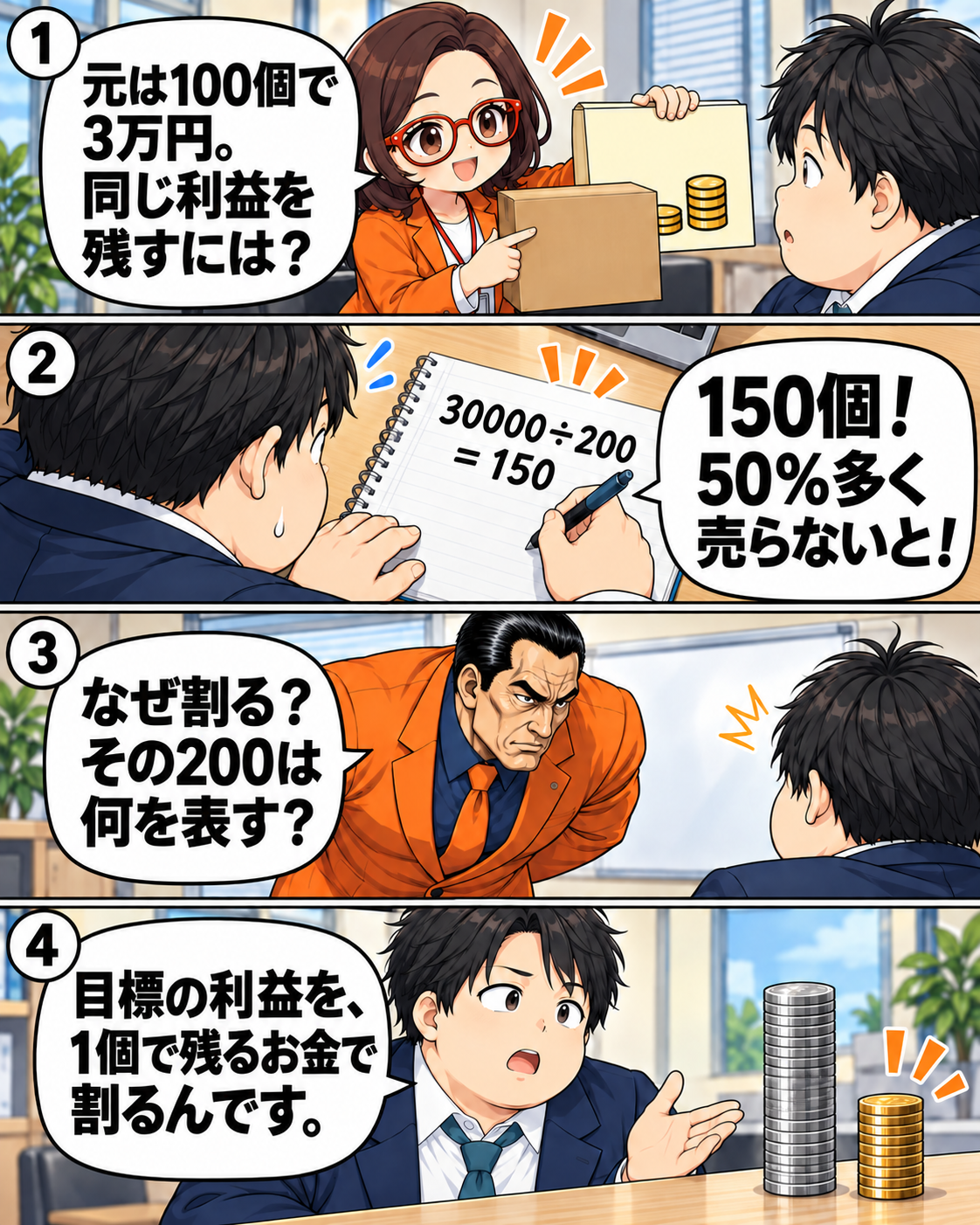 100個で3万円を残す商品を値引きした場合、1個200円の差額で同額を残すには150個必要と浅井が理解する漫画。