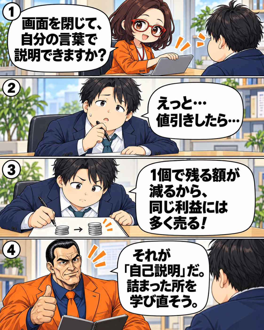浅井がAI画面を閉じて値引きと利益の関係を自分で説明し、菊理はちこが自己説明の学び方を紹介する漫画。