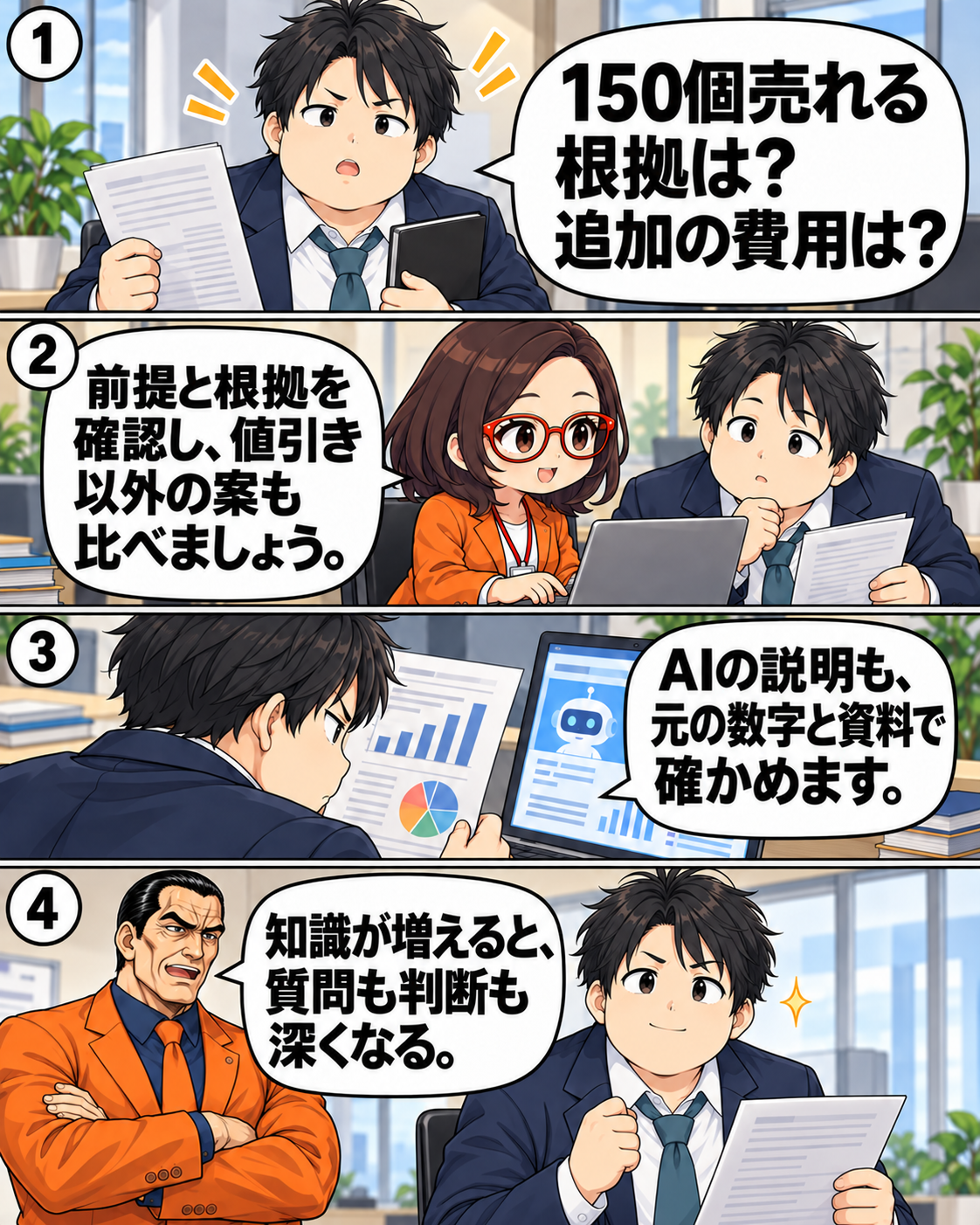 浅井が販売150個の根拠や追加費用をAIに質問し、坂田誠とともに複数案と元データを確認する漫画。