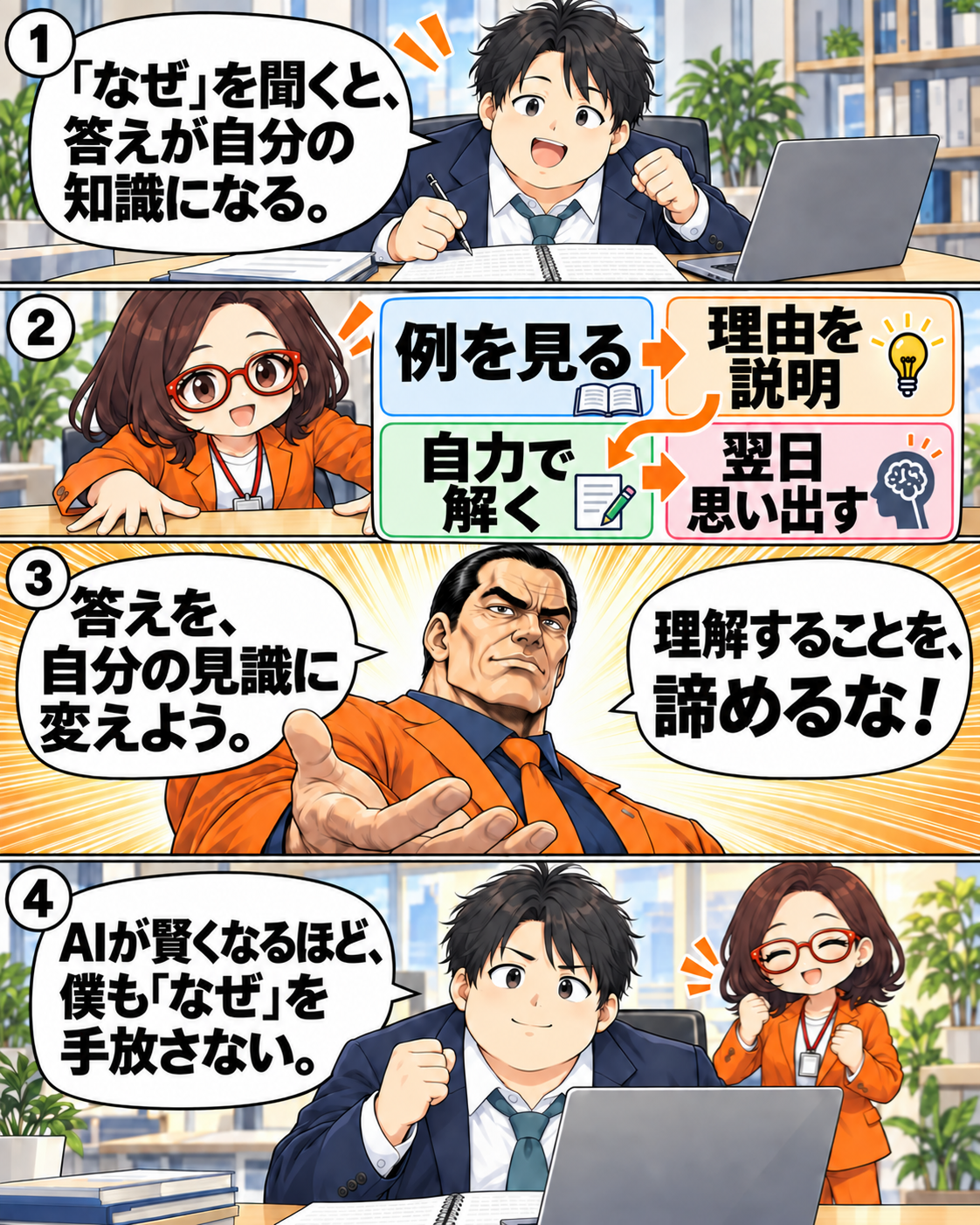 浅井地式がきりっとした表情になり、例を見る、理由を説明、自力で解く、翌日思い出すという4段階をまとめる漫画。