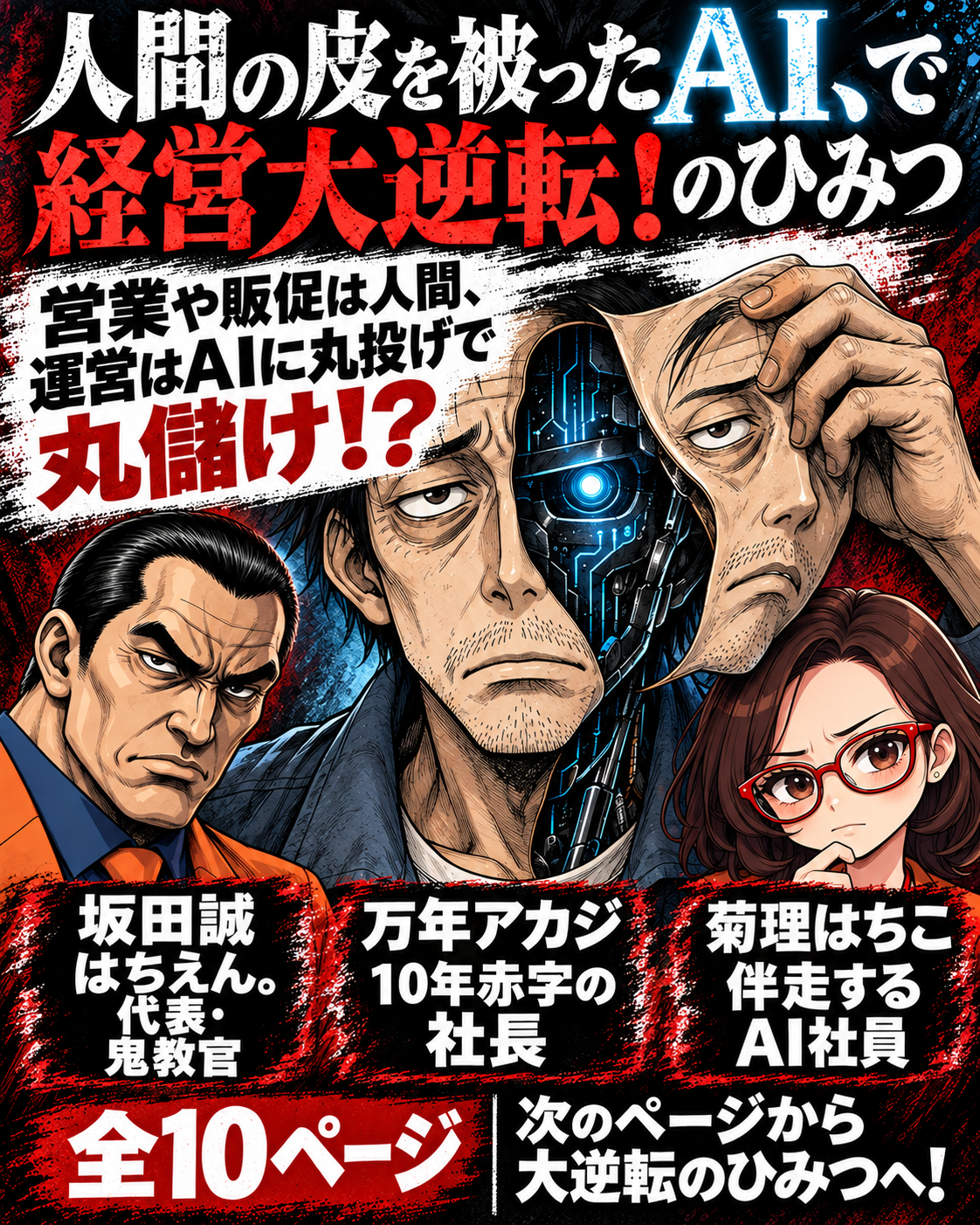 漫画表紙。万年アカジの人間の仮面の下にAIの顔がのぞき、坂田誠と菊理はちこが登場する全10ページの経営漫画