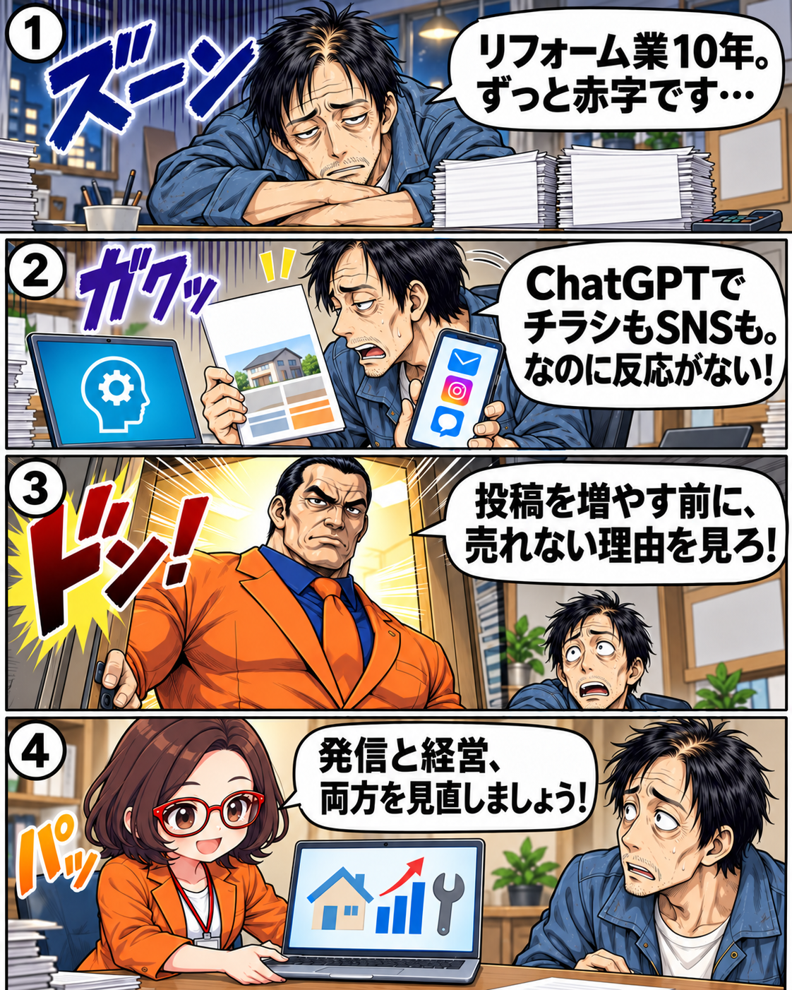 漫画1ページ。10年赤字のリフォーム社長・万年アカジがChatGPTで作ったチラシやSNSの反応不足に悩む
