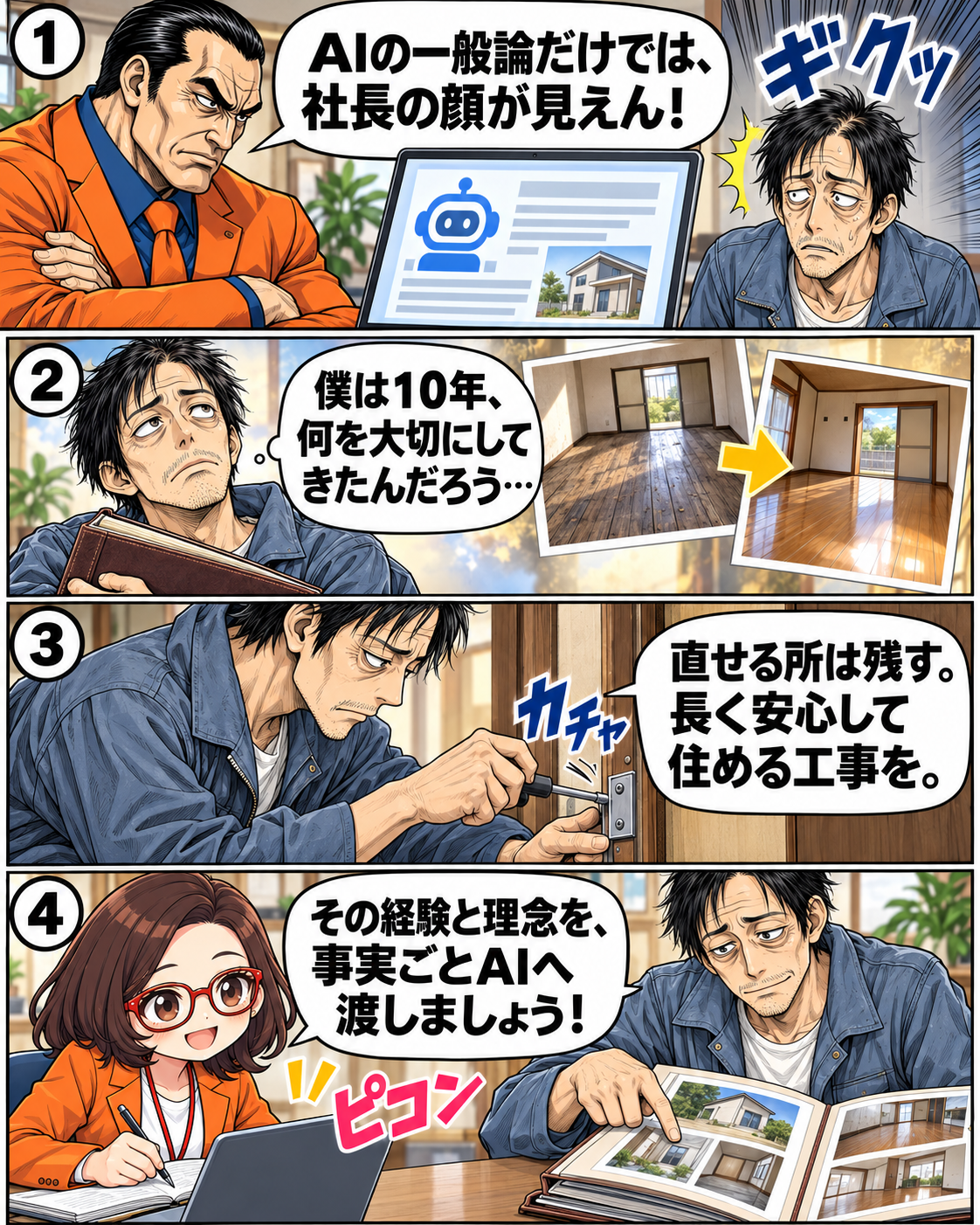 漫画2ページ。万年アカジが施工記録と理念を振り返り、菊理はちこが本人の経験をAIへ整理する