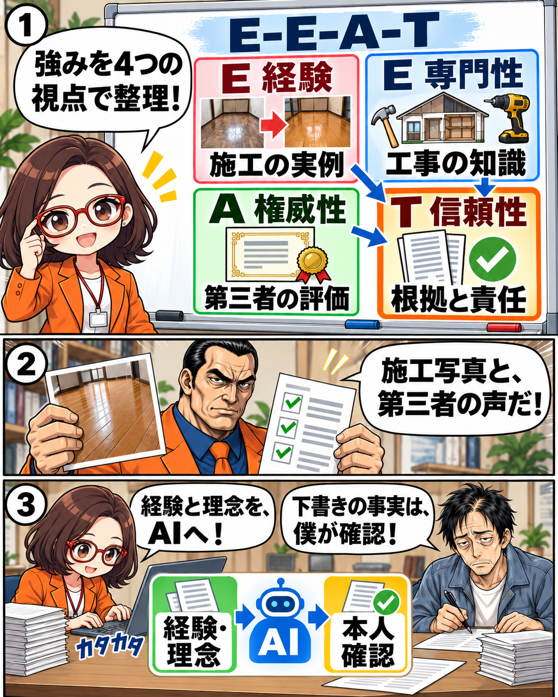 漫画3ページ。E-E-A-Tの経験・専門性・権威性・信頼性と、経験・理念からAI整理、本人確認へ進む図解