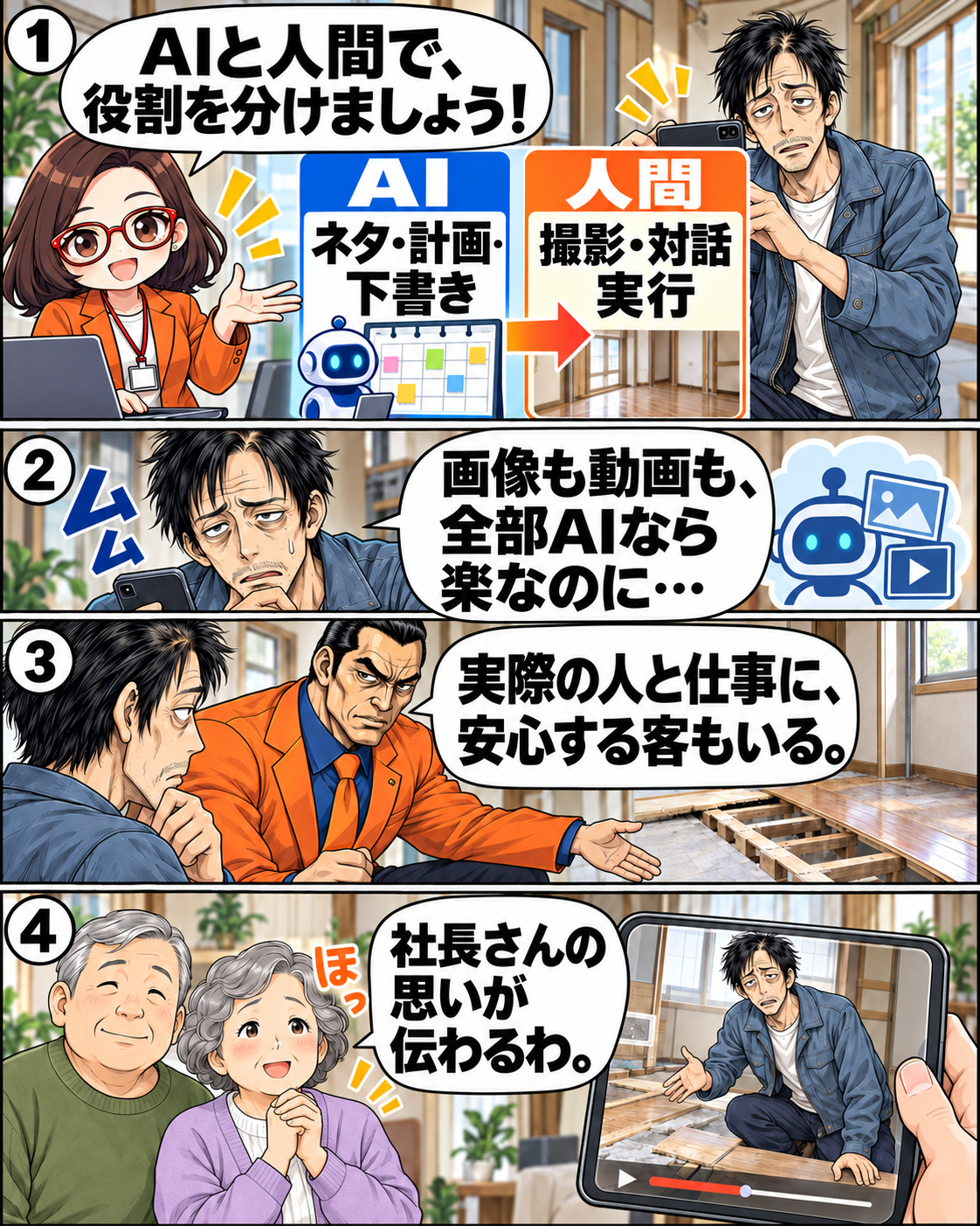 漫画4ページ。AIがネタ・計画・下書き、人間が撮影・対話・実行を担当する分業図と現場動画を撮る社長
